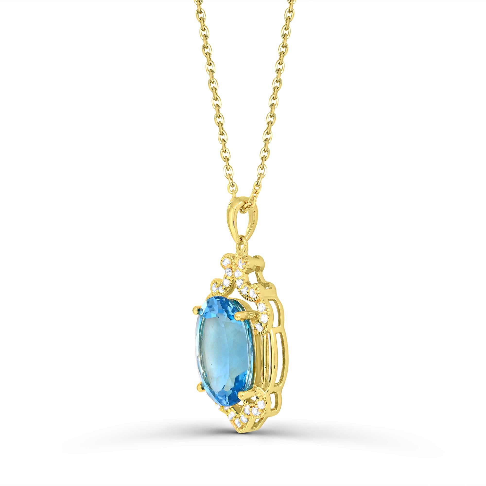 Indulge in the elegance of our Swiss Blue and White Topaz Pendant Necklace in 14K Yellow Gold over Sterling Silver. Crafted with meticulous attention to detail, this necklace boasts a stunning combination of oval Swiss blue topaz accented by