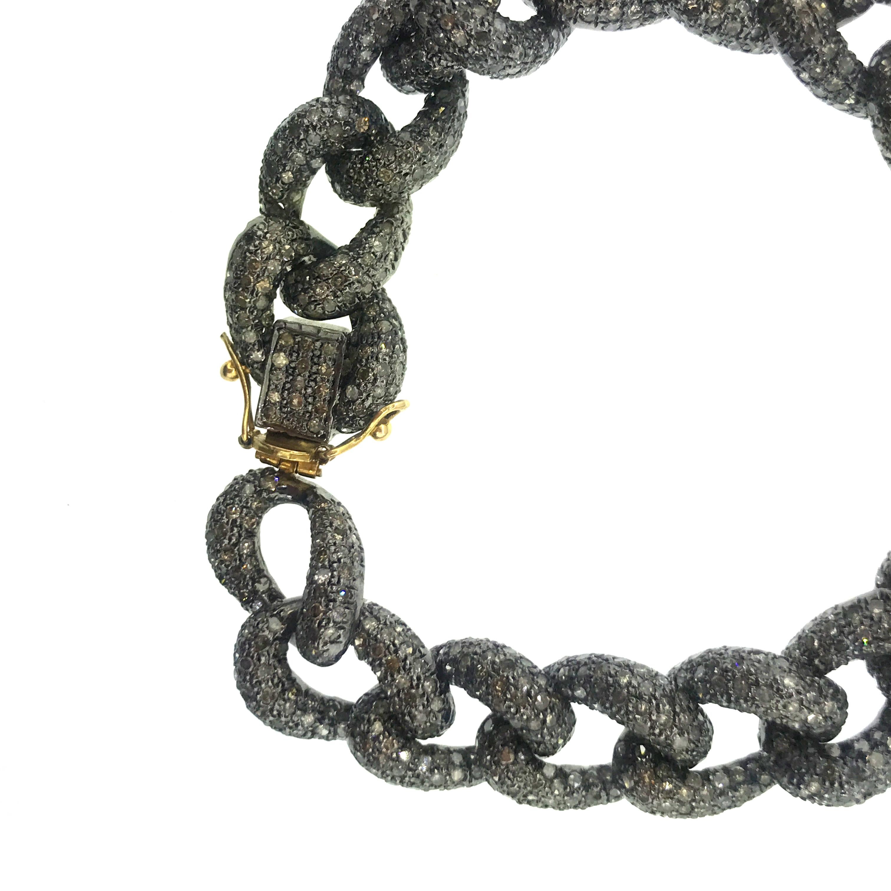 11.20 Carat Pave Diamond Link Bracelet Oxidized Sterling Silver, 14 Karat Gold In New Condition For Sale In New York, NY