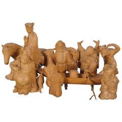 8 20th C. Chinese Carved Wood Figurines Journey to the West Sanxing Hotei Taipei