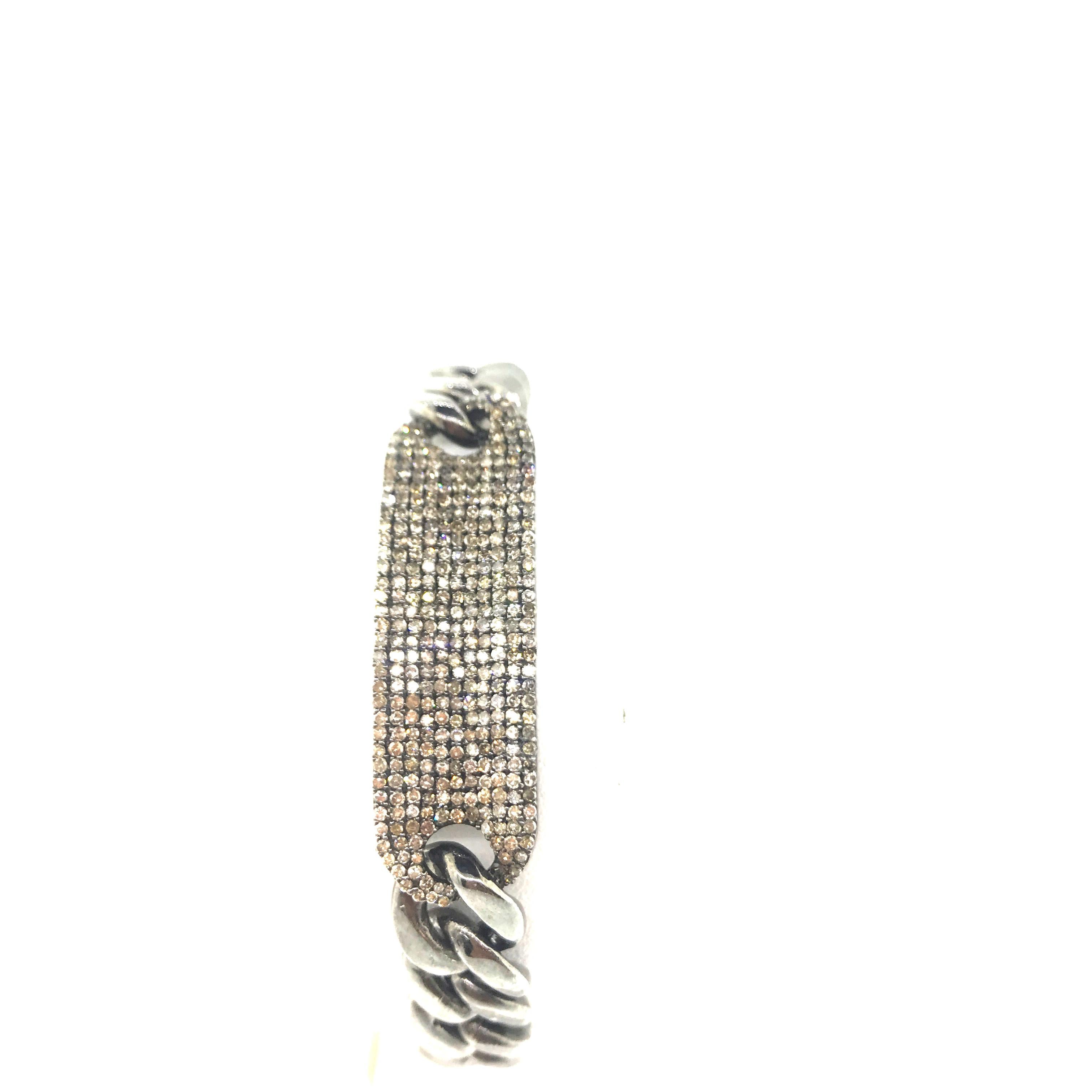 Contemporary 2.13 Carat Pave Diamond ID Bracelet Oxidized Sterling Silver, 14 Karat Gold For Sale