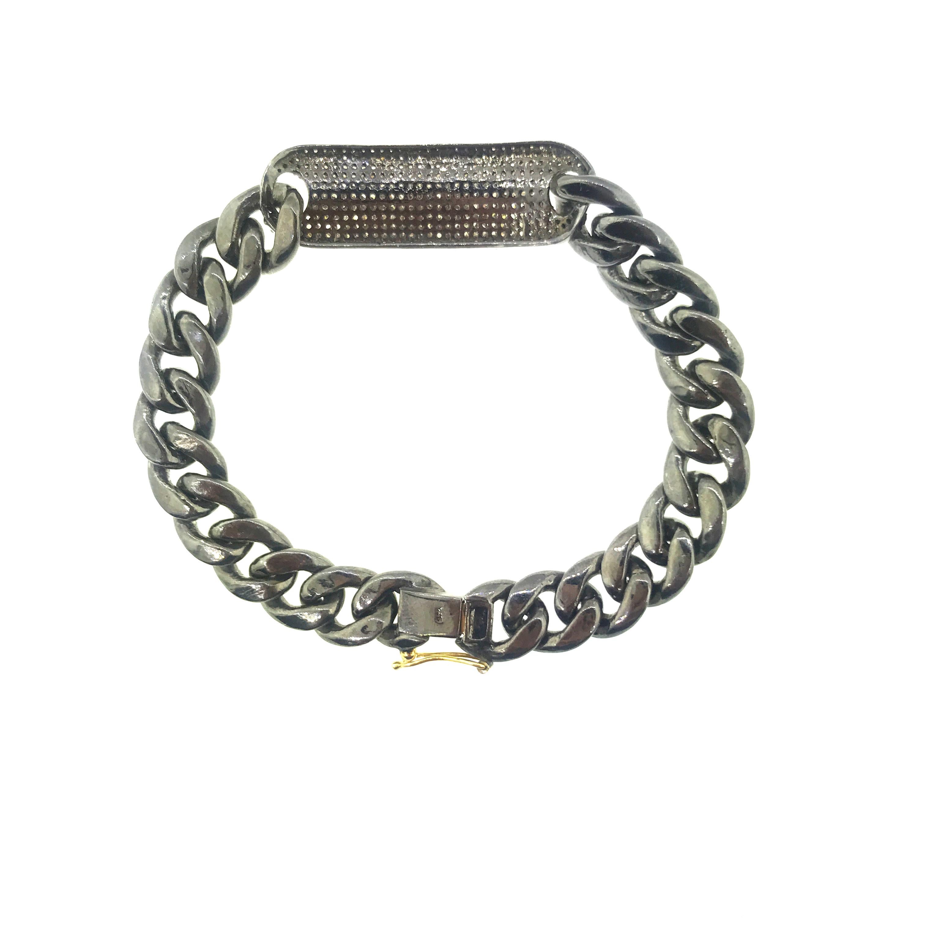2.13 Carat Pave Diamond ID Bracelet Oxidized Sterling Silver, 14 Karat Gold In New Condition For Sale In New York, NY