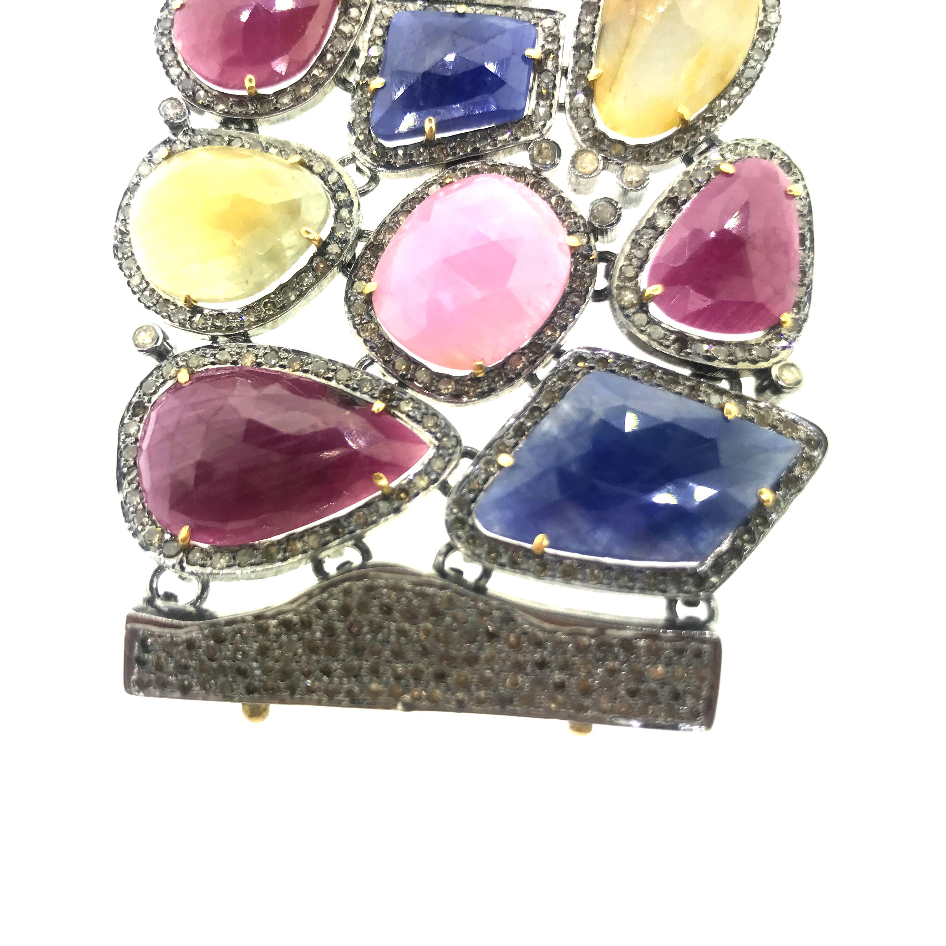 242.40 Carat Multi Sapphire Diamond Bracelet Oxidized Sterling Silver, 14K Gold In New Condition For Sale In New York, NY