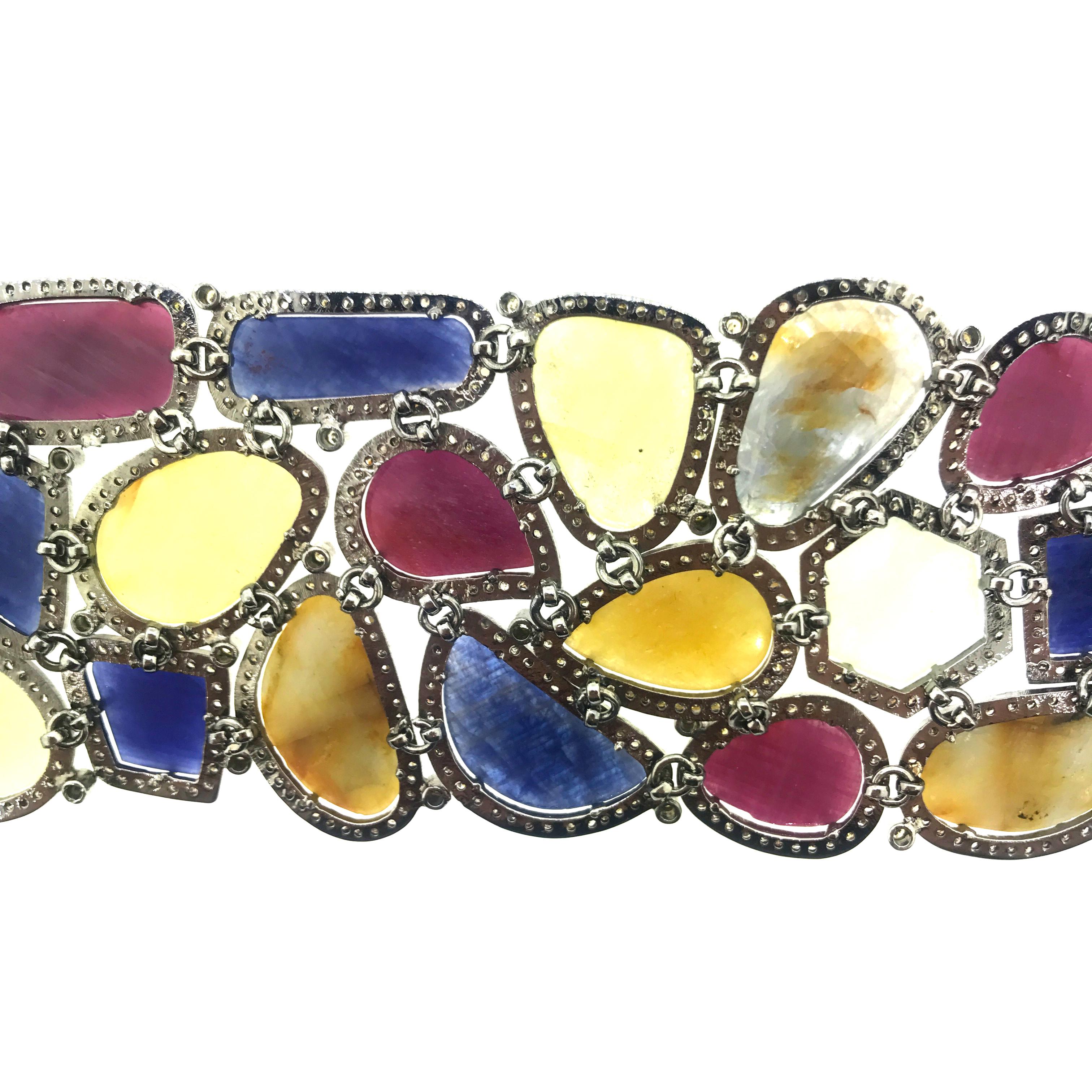Women's 242.40 Carat Multi Sapphire Diamond Bracelet Oxidized Sterling Silver, 14K Gold For Sale