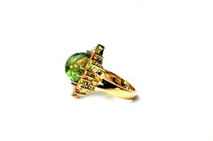 Green Tourmaline with Peridot and orange Sapphires Gold Ring by Alexander Leyser