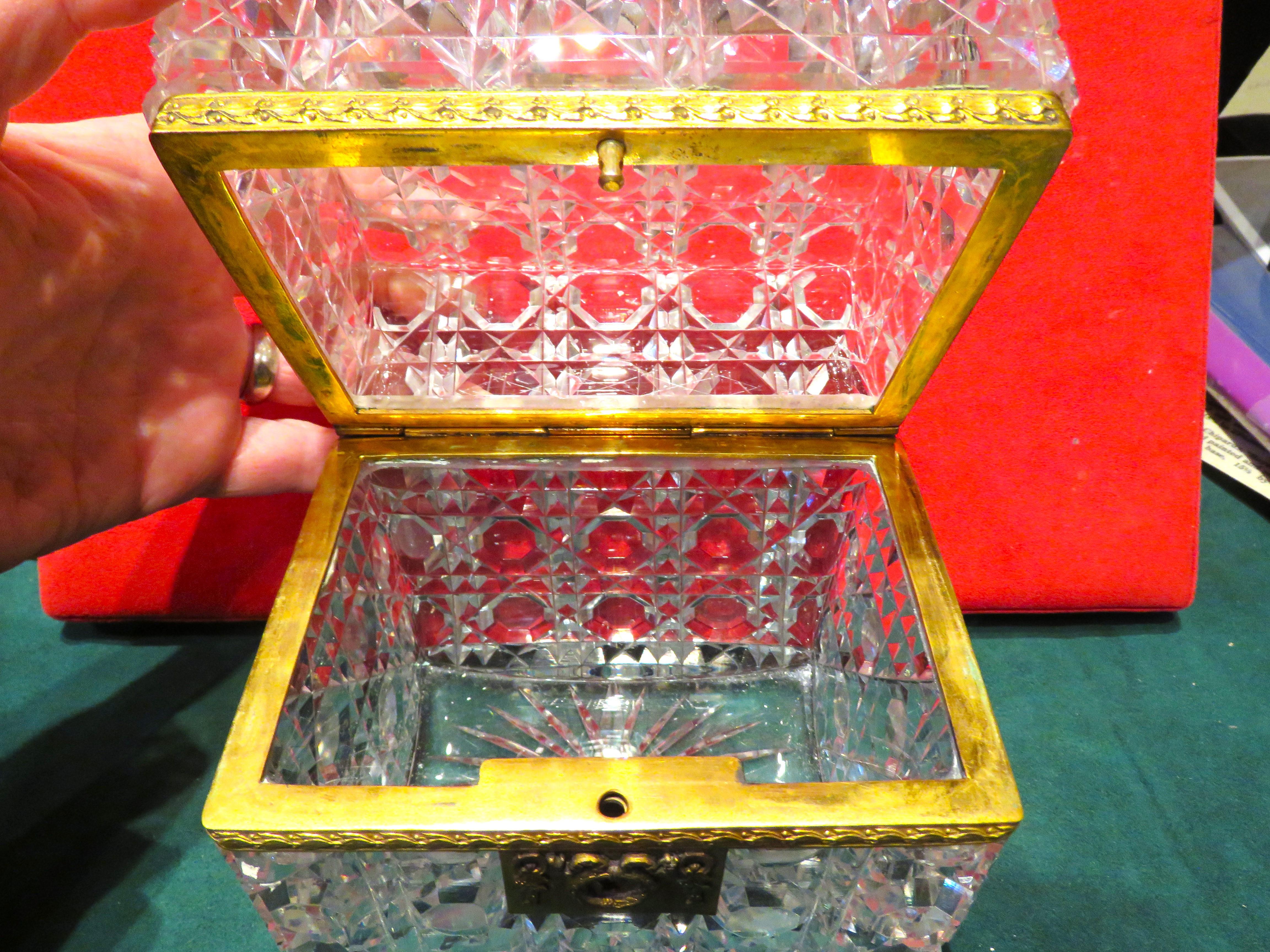 French Cut 8, 500 19th Century French Heavy Hand Cut Clear Crystal Glass Bronze Mount Box For Sale