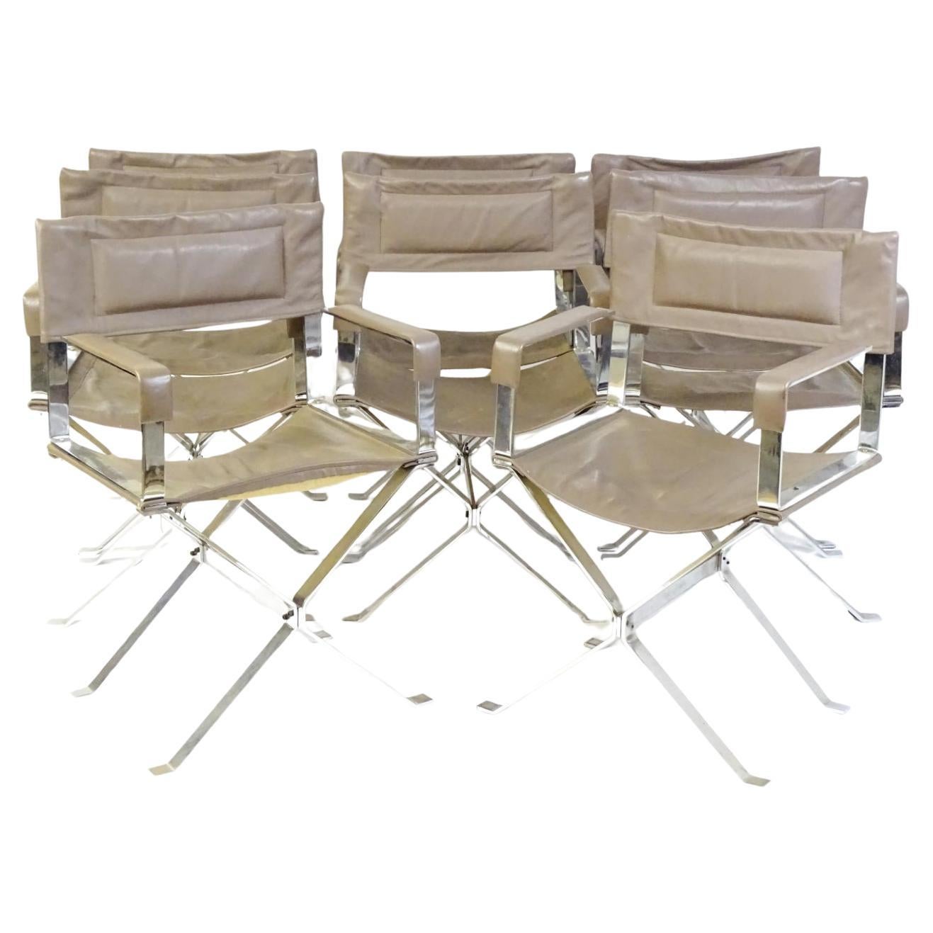 8 Alessandro Albrizzi Designed Italian Chrome & Leather Director's Armchairs For Sale