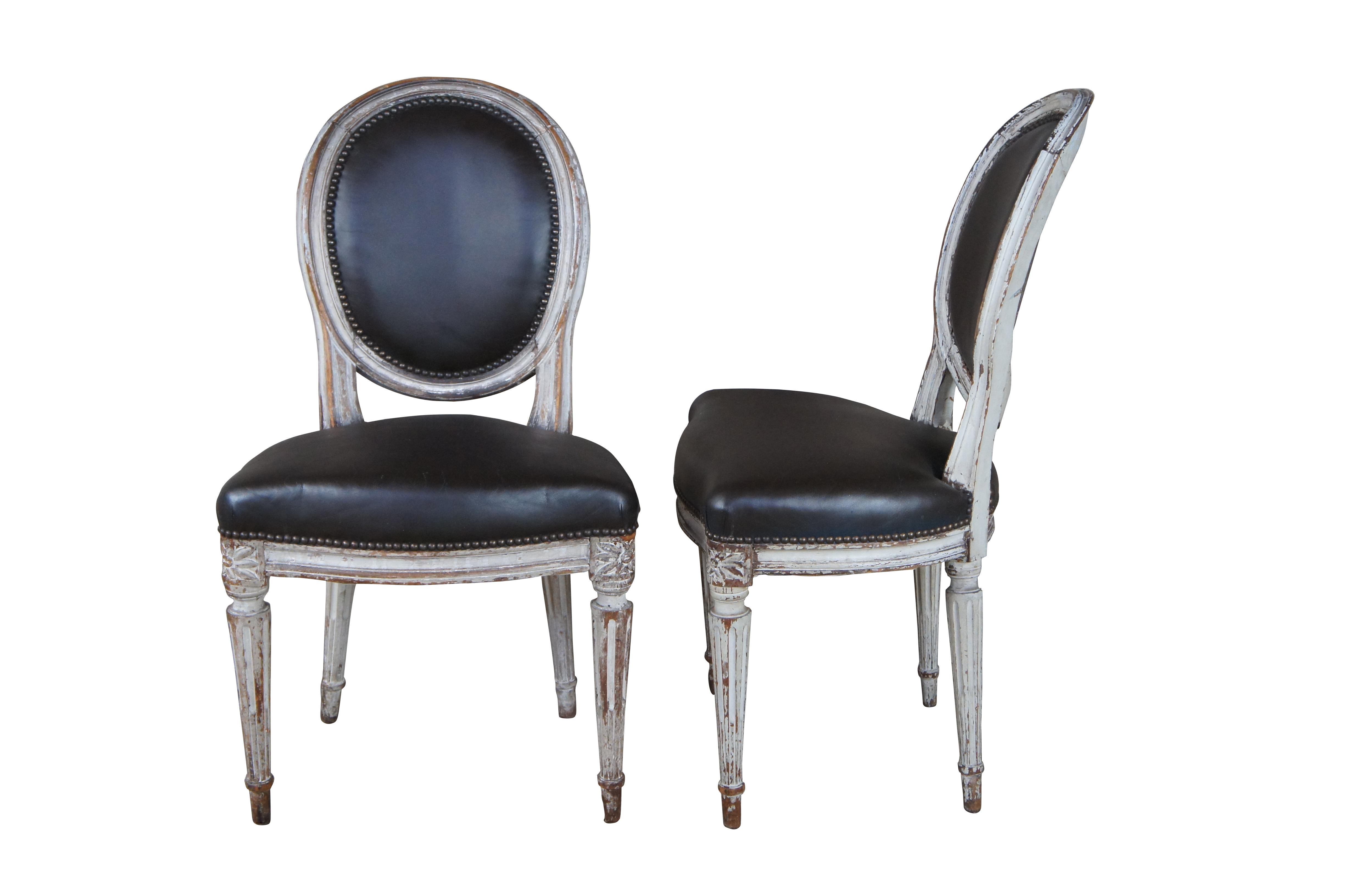 European 8 Antique 19th Century French Louis XVI Provincial Brown Leather Dining Chairs