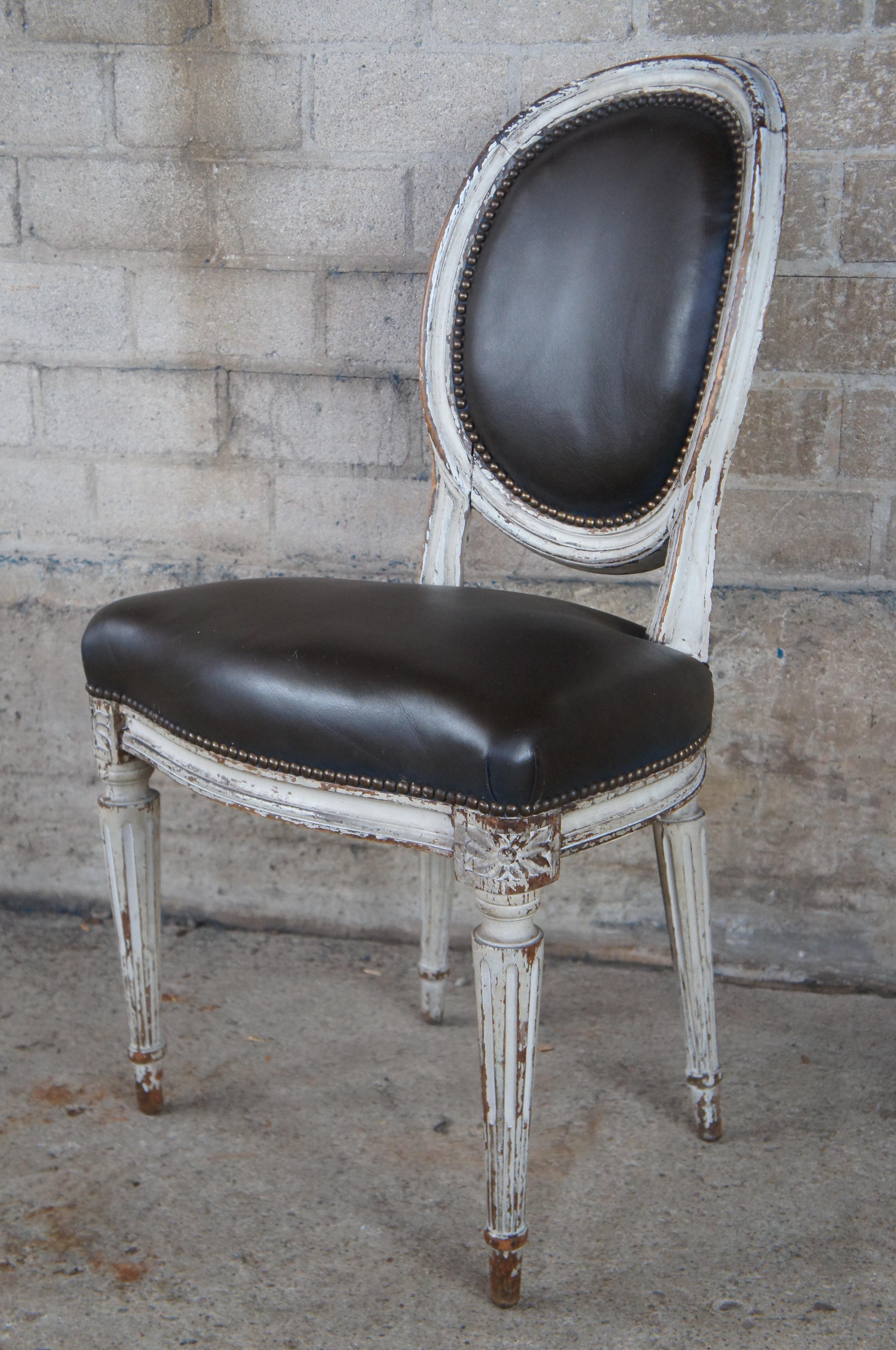 8 Antique 19th Century French Louis XVI Provincial Brown Leather Dining Chairs 1