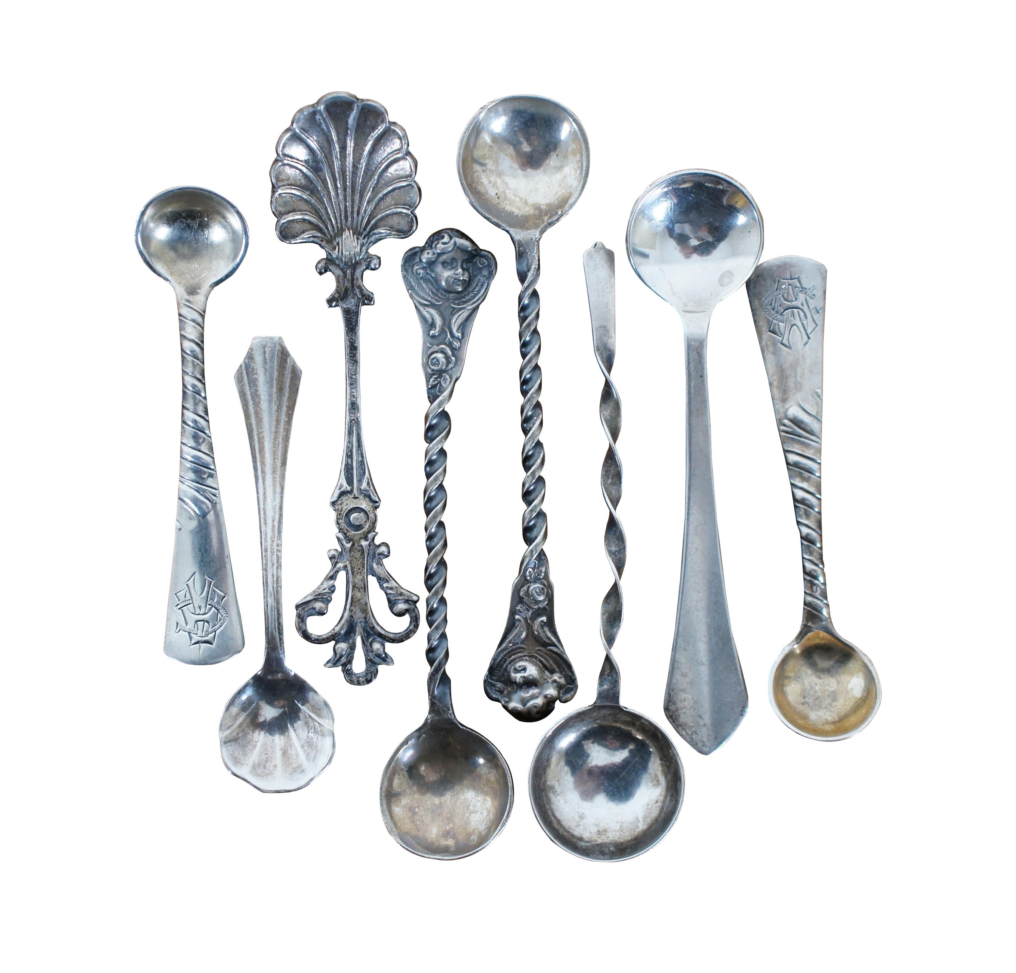 Lot of 8 assorted antique sterling silver salt spoons in a variety of designs and slightly different sizes. Makers include Webster Company and Gorham Mfg Co.

Approx - 2.5” x 0.625” (length x width) / Combined Weight - 24.6 g.