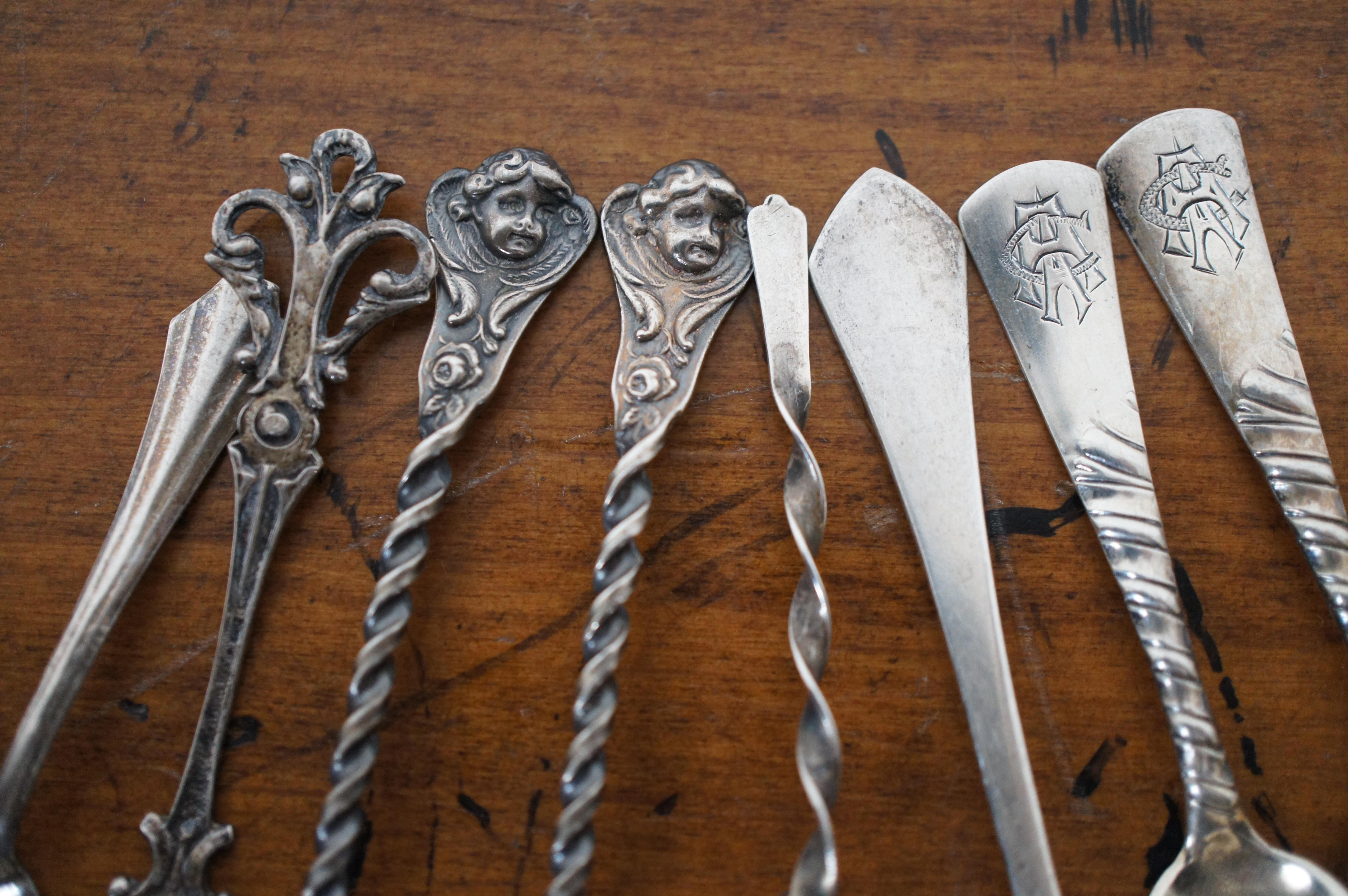 20th Century 8 Antique Assorted Twisted Sterling Silver Salt Mustard Spoons 25g