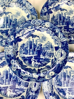 Eight Antique Staffordshire Blue and White Large Soup Plates Circa 1820