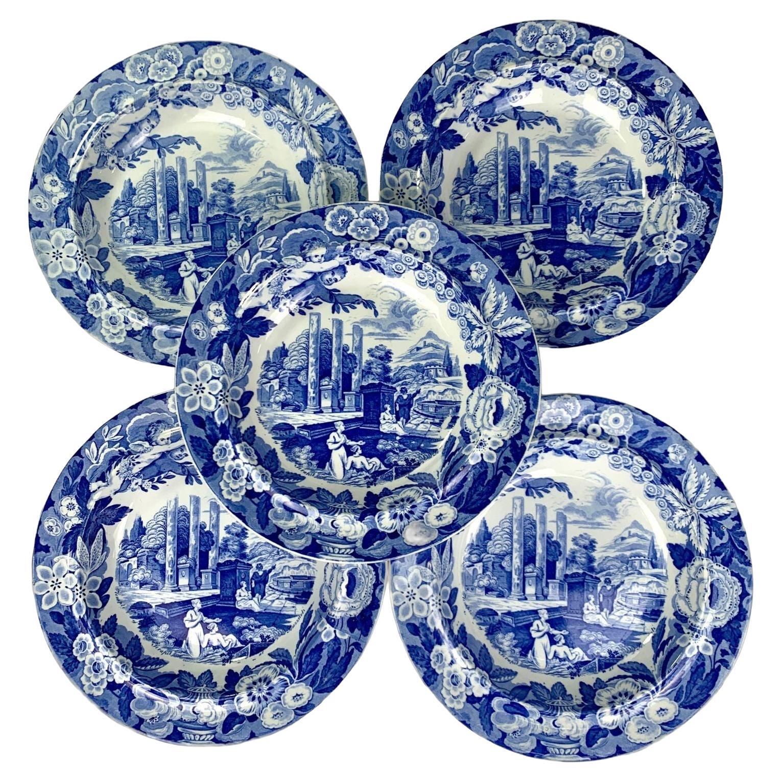 8 Antique Blue and White Large Soup Dishes in the "Italian Views" Pattern C-1820