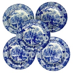 8 Antique Blue and White Large Soup Dishes in the "Italian Views" Pattern C-1820