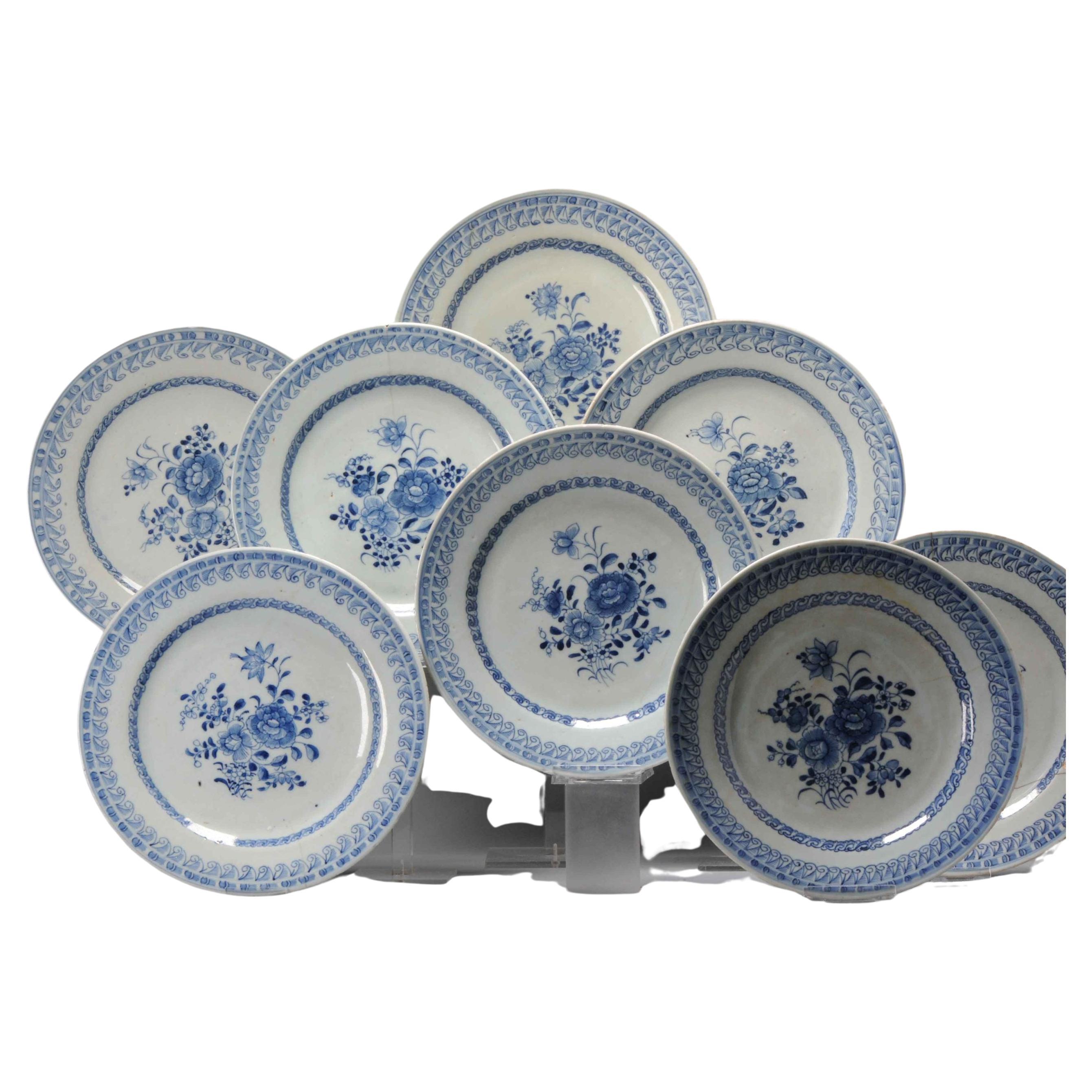 A very nicely decorated SET of 8 dishes in Blue and white with a lovely flower scene. Dating to circa 1720-1750

Unmarked at the base.


Condition
All with damage, 1 restored. Size 236x27mm DiameterxHeight
Period
18th century Qing (1661 -