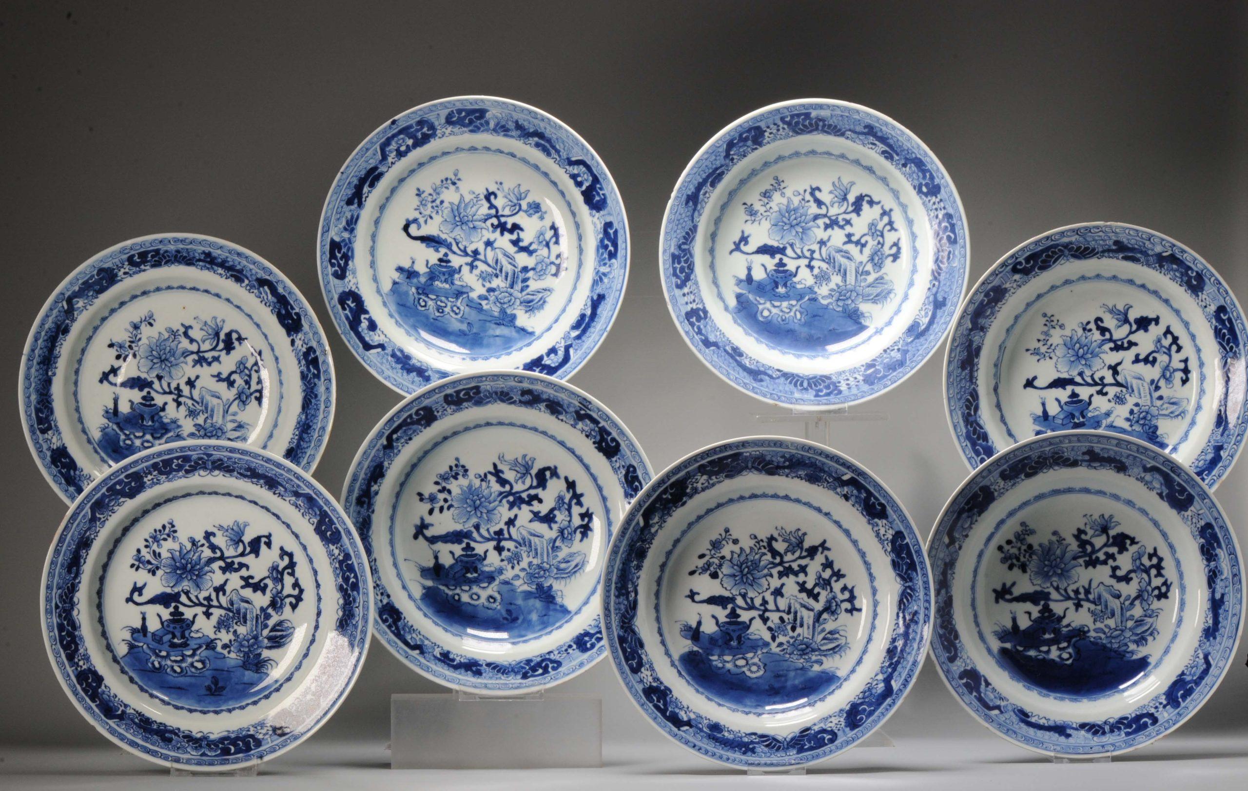 Qing #8 Antique Chinese Porcelain 18th C Kangxi/Yongzheng Period Blue White Set Di For Sale