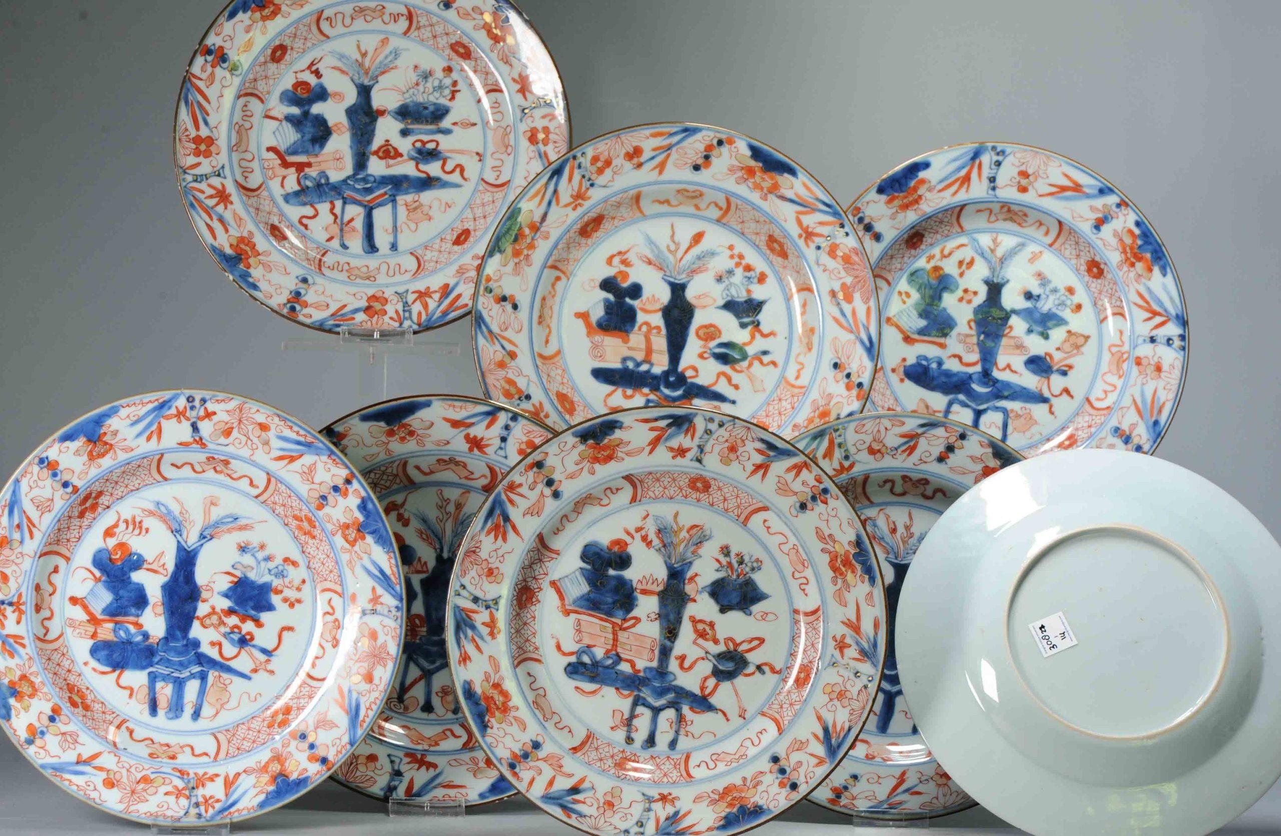 #8 Antique Chinese Porcelain 18th C Qing Period Imari Kangxi Set Dinner Plates For Sale 7
