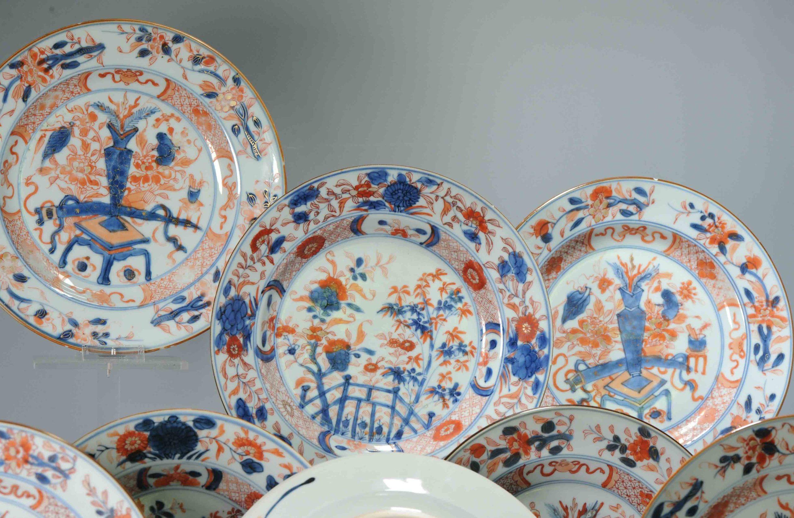 #8 Antique Chinese Porcelain 18th C Qing Period Imari Kangxi Set Dinner Plates For Sale 7