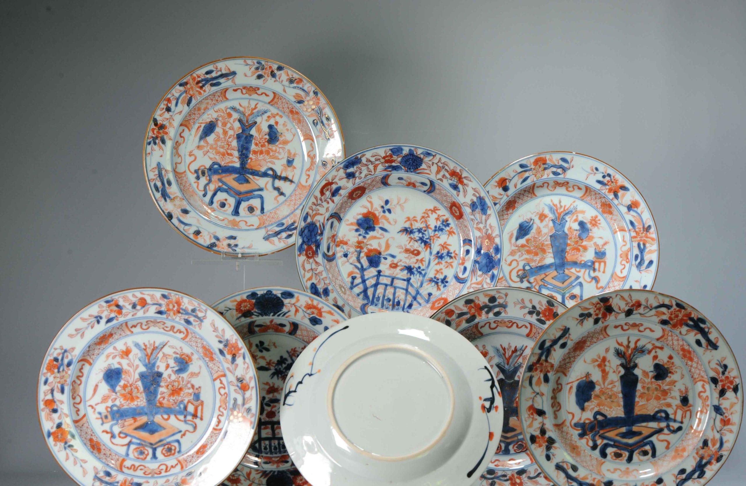 #8 Antique Chinese Porcelain 18th C Qing Period Imari Kangxi Set Dinner Plates For Sale 8