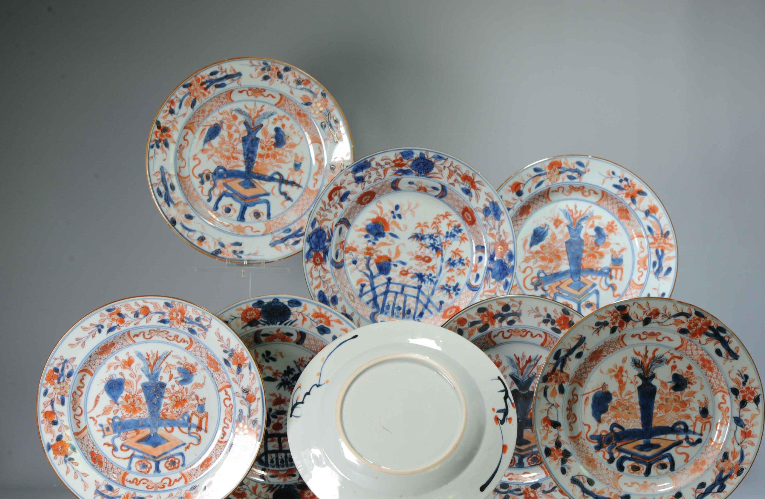 #8 Antique Chinese Porcelain 18th C Qing Period Imari Kangxi Set Dinner Plates For Sale 8