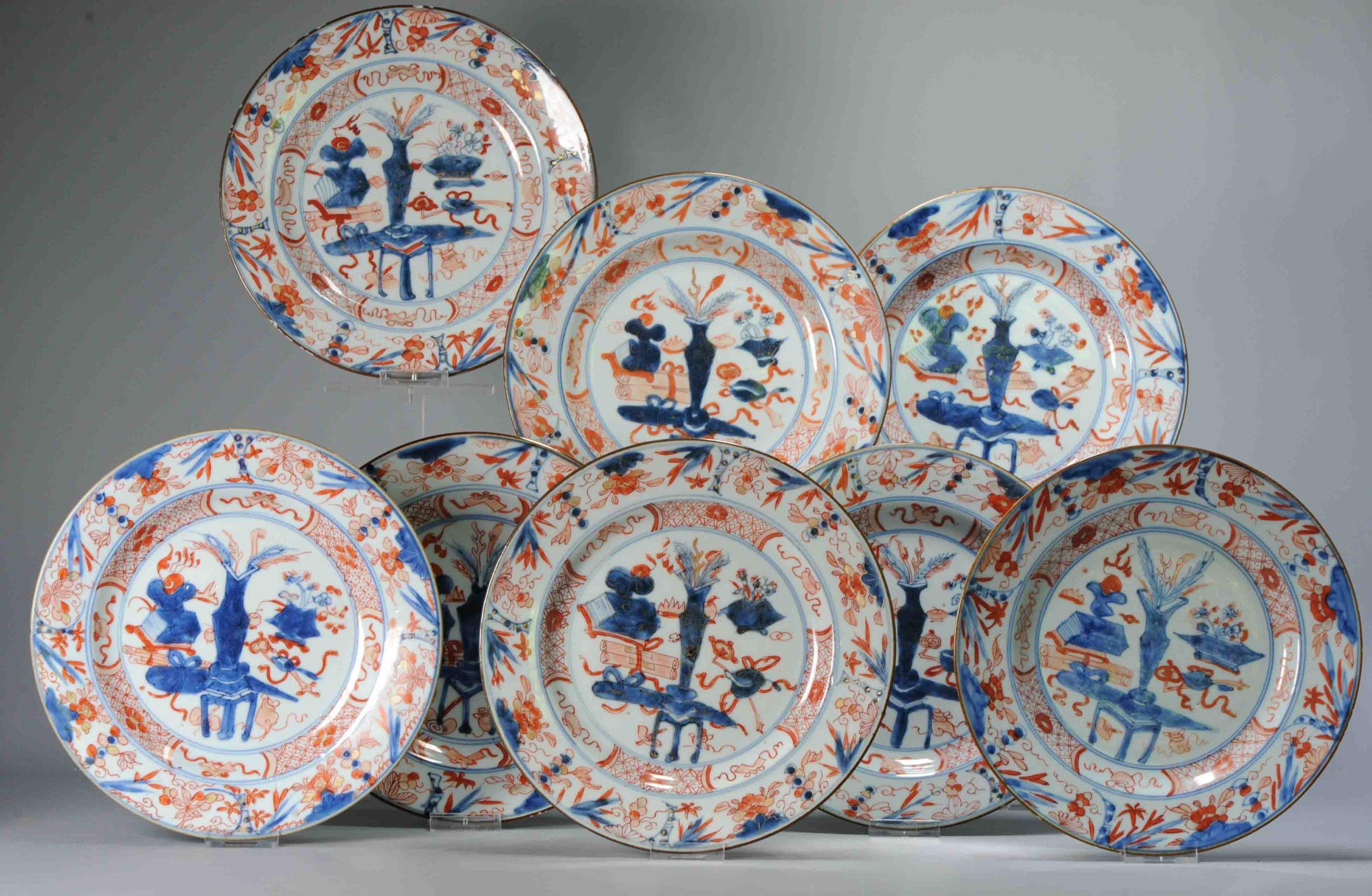 A very nicely decorated set of 8 dishes in Imari palette with a lovely and high quality landscape scene

Condition
1 dish with chip and hairline, rest of dishes with some frits/small chips (some of them very minimal) Size Size 225x26mm Diameter x