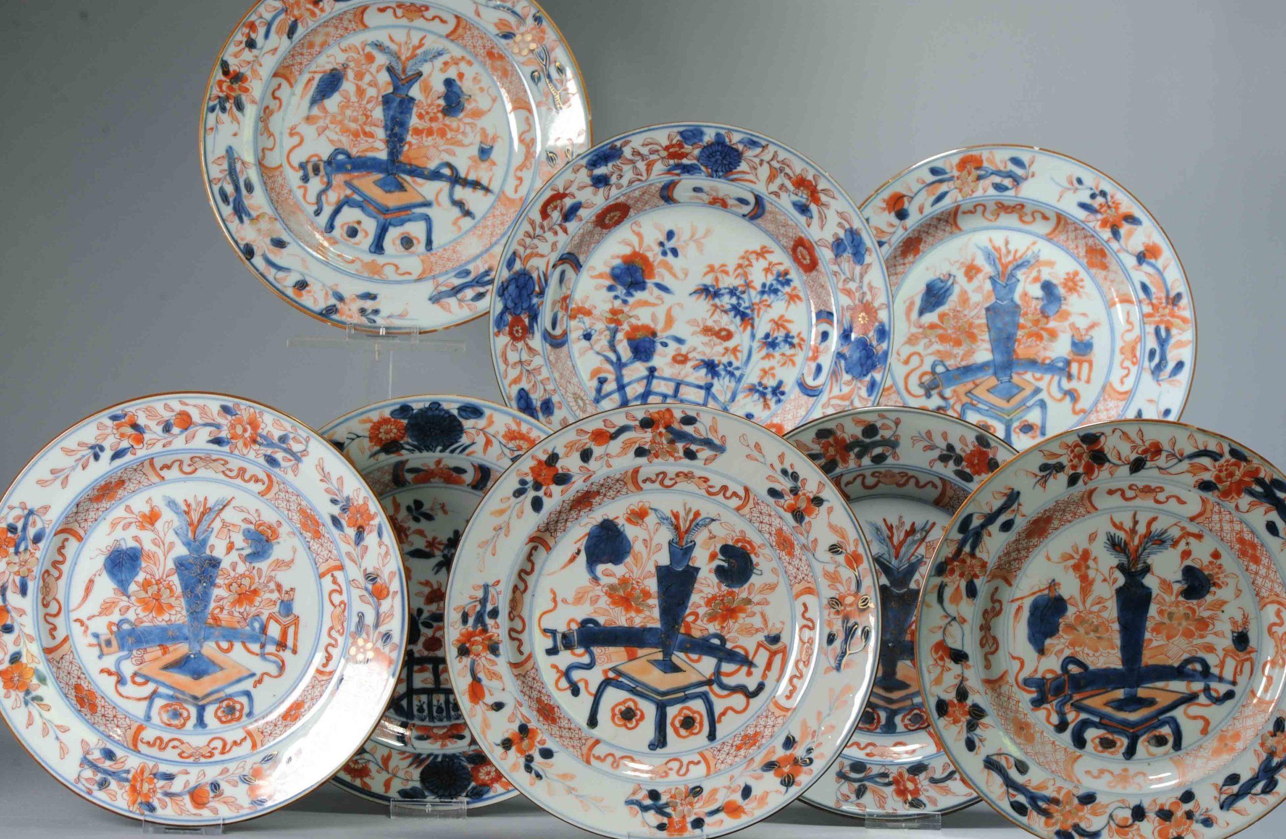 A very nicely decorated SET of 8 dishes in Imari palette with a lovely and high quality landscape scene.

Condition
1 dish with a line, 1 dish with some chips, rest of dishes with very minimal rimfrits/small chips (some only 1 small spot). Size