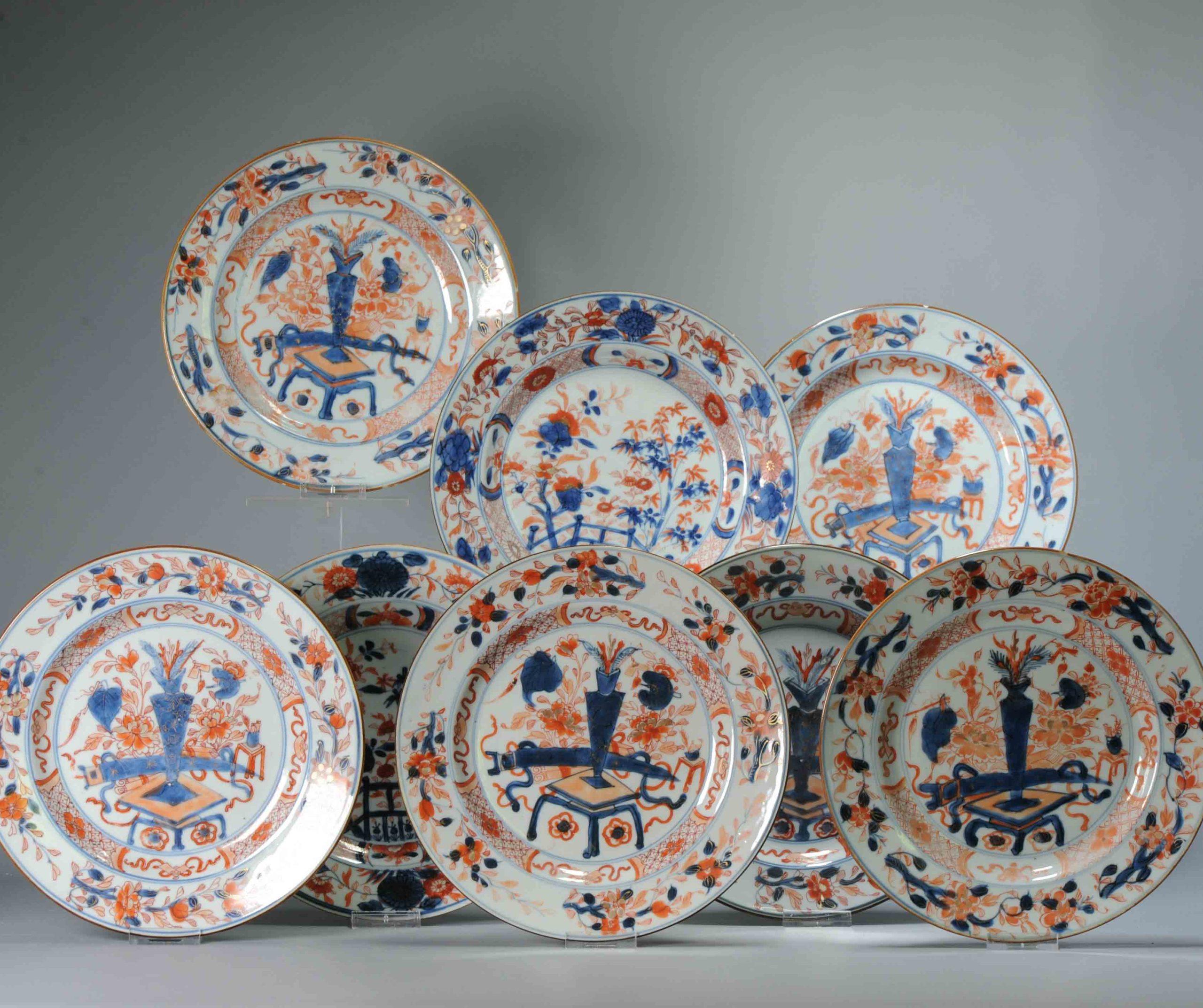 #8 Antique Chinese Porcelain 18th C Qing Period Imari Kangxi Set Dinner Plates For Sale 1