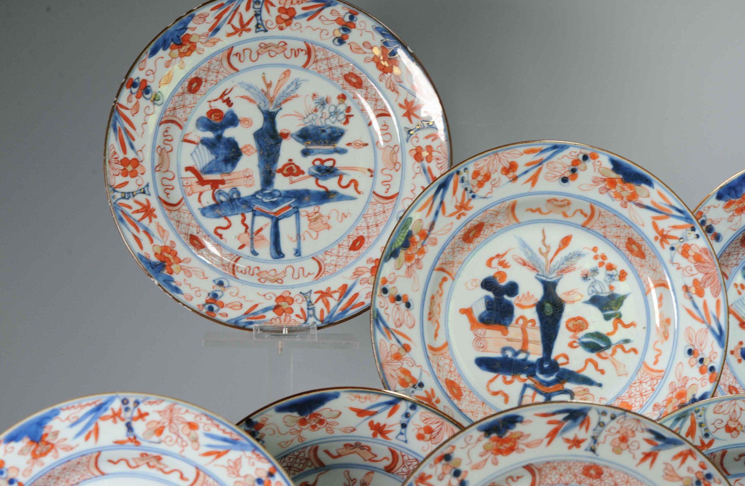 #8 Antique Chinese Porcelain 18th C Qing Period Imari Kangxi Set Dinner Plates For Sale 3