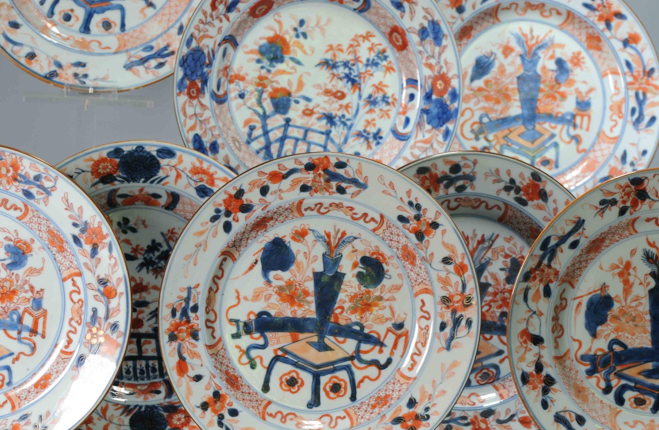 #8 Antique Chinese Porcelain 18th C Qing Period Imari Kangxi Set Dinner Plates For Sale 4
