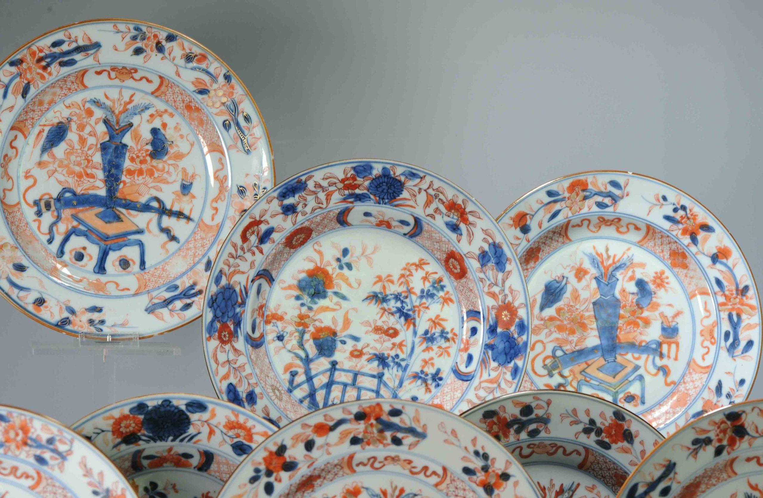 #8 Antique Chinese Porcelain 18th C Qing Period Imari Kangxi Set Dinner Plates For Sale 4