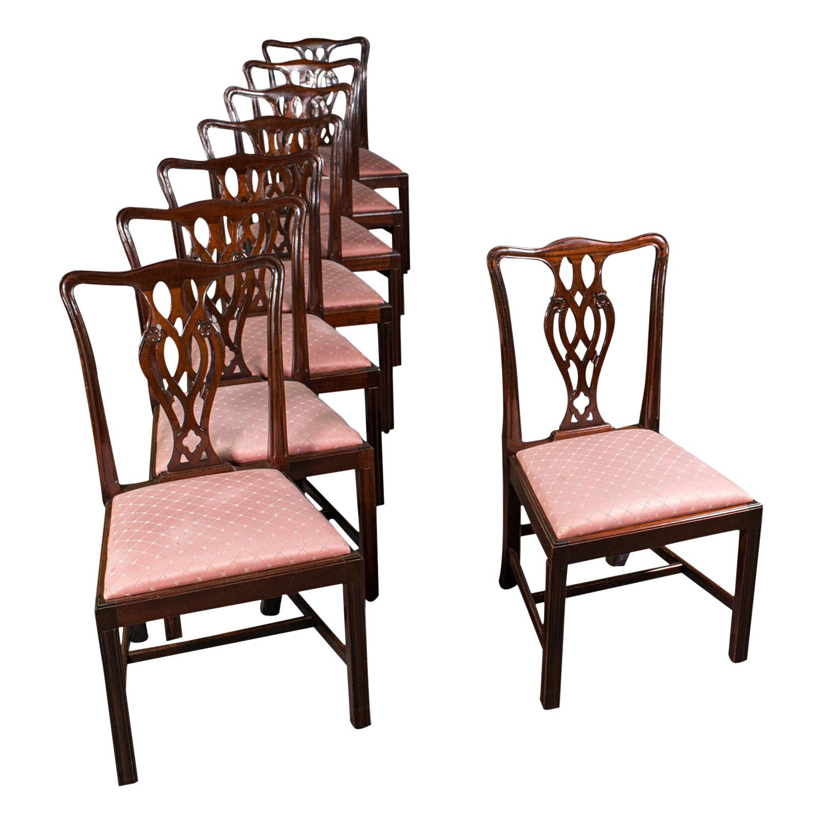 8 Antique Chippendale Revival Chairs, English, Mahogany, Dining Seat, Victorian