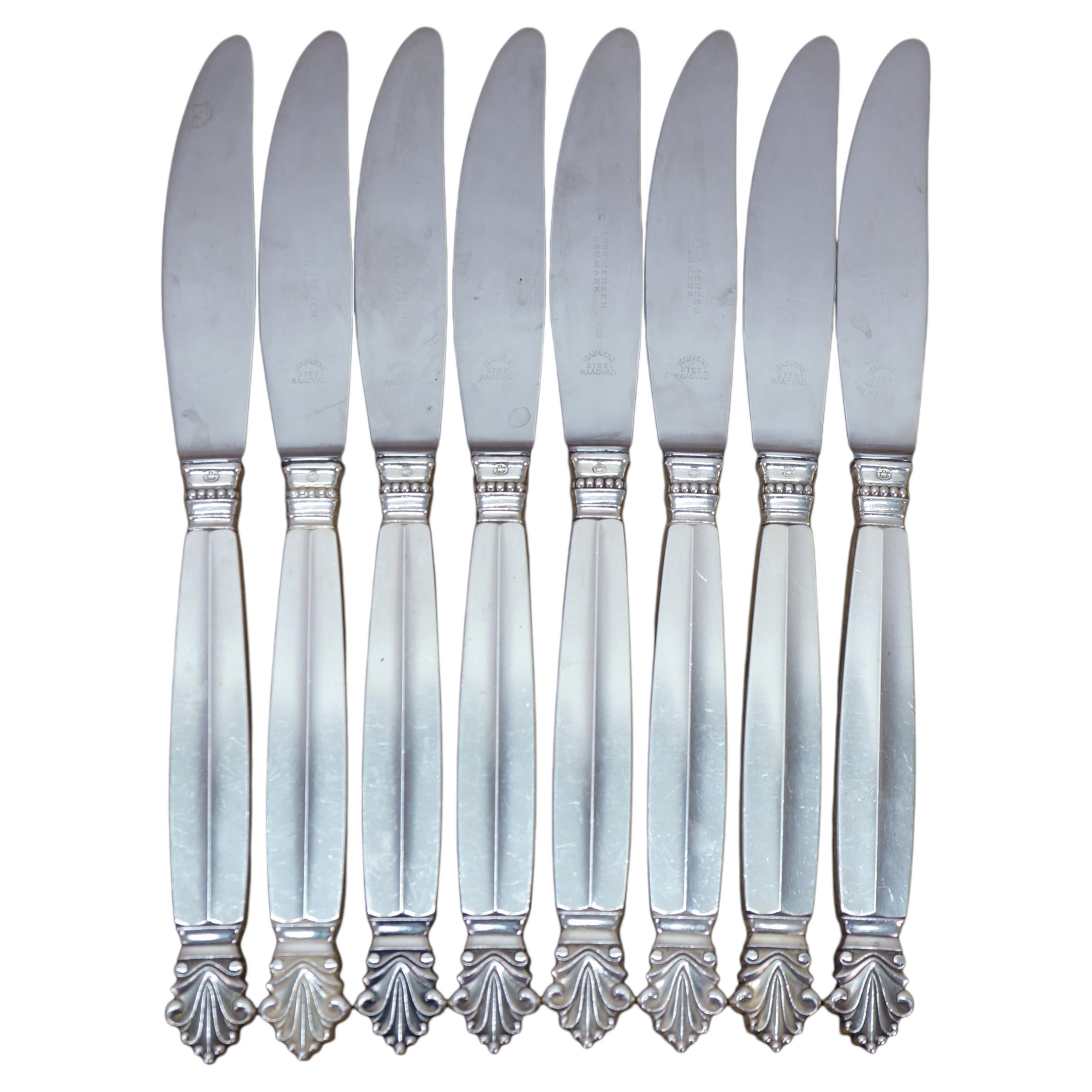 8 Antique Danish Georg Jensen Acanthus Dronning Sterling Silver Dinner Knives 9"