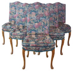 8 Antique French Provincial Carved Walnut Floral Upholstered Dining Chairs