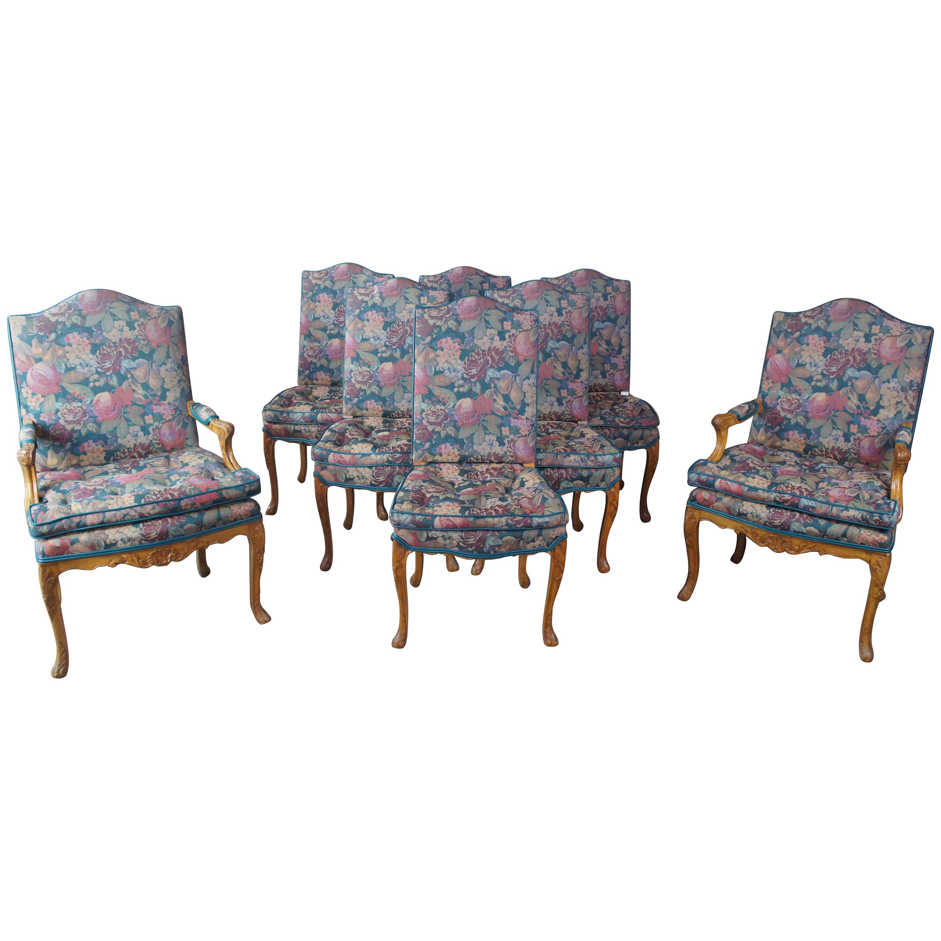 8 Antique French Provincial Carved Walnut Floral Upholstered Dining Chairs