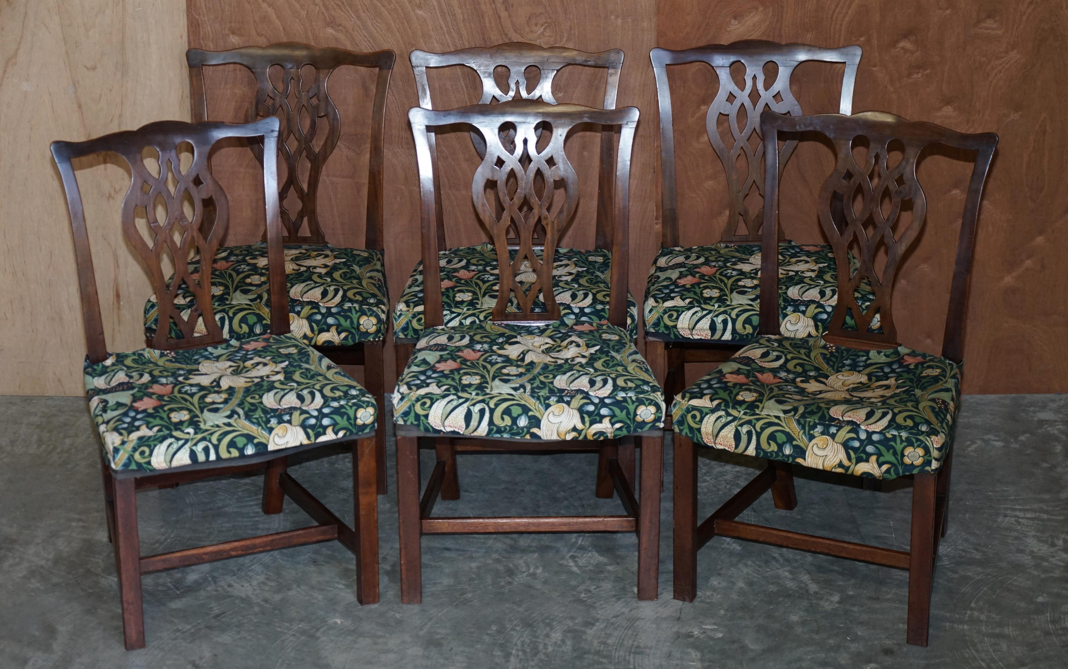 Nous sommes ravis d'offrir cette série de huit chaises de salle à manger en acajou d'époque George III vers 1830, fabriquées à la main en Angleterre d'après Thomas Chippendale, avec des housses d'assise amovibles de William Morris.

Ces chaises