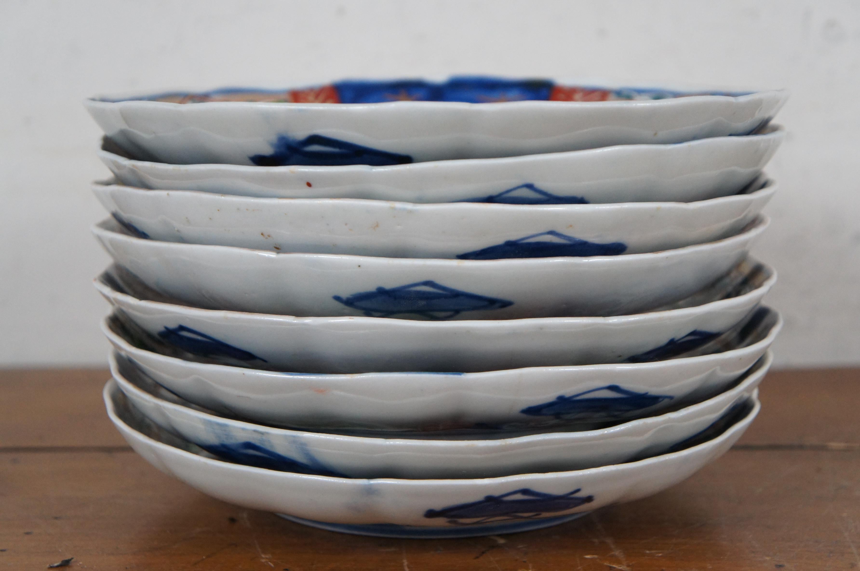8 assiettes à salade japonaises anciennes en porcelaine festonnée Imari Meiji de 9 pouces en vente 1