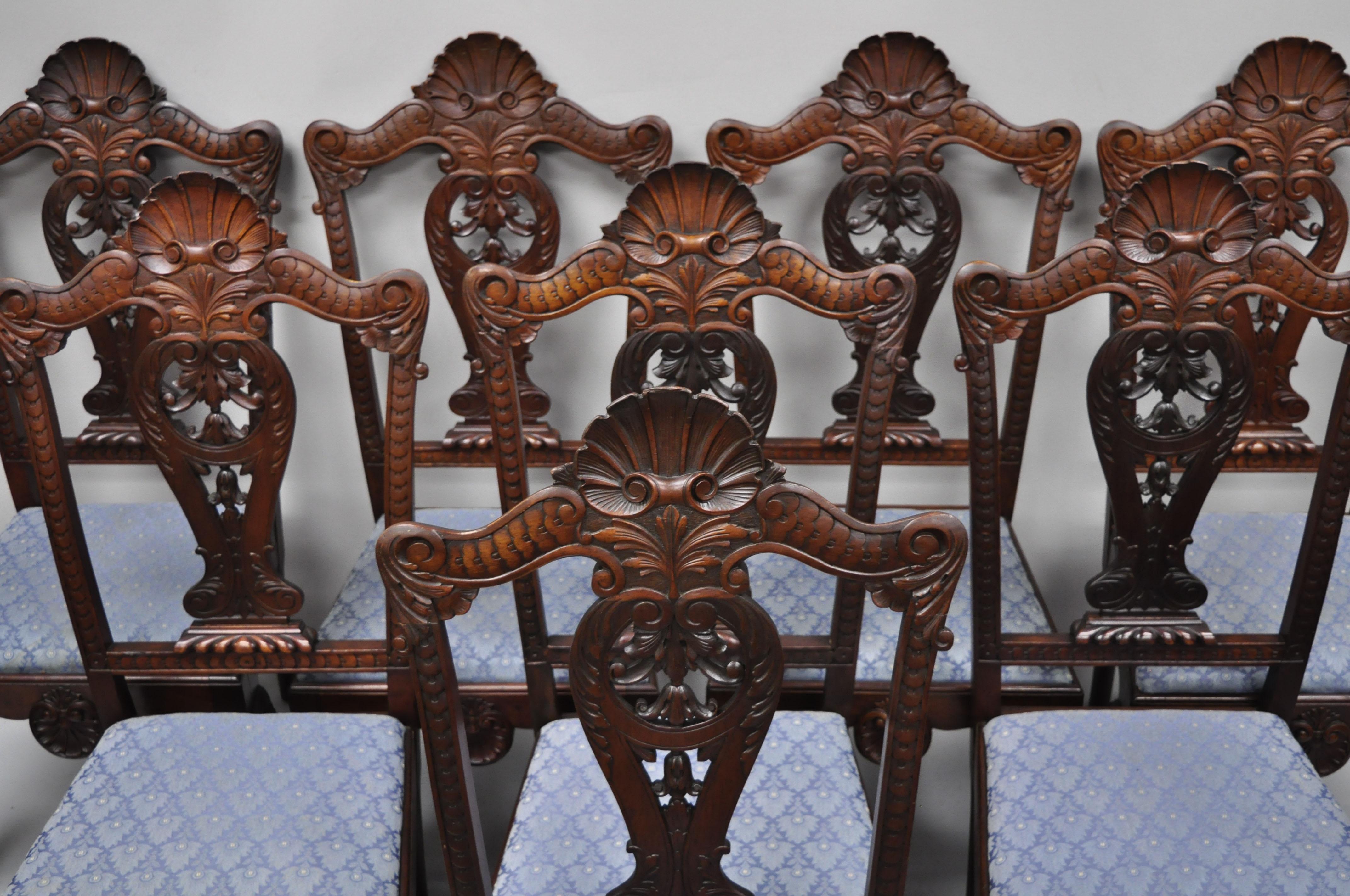 8 antique carved mahogany Georgian Chippendale style shell carved dining side chairs. Item features tall shell carved backs, solid wood construction, beautiful wood grain, finely carved details, carved ball and claw feet, very nice antique item, all