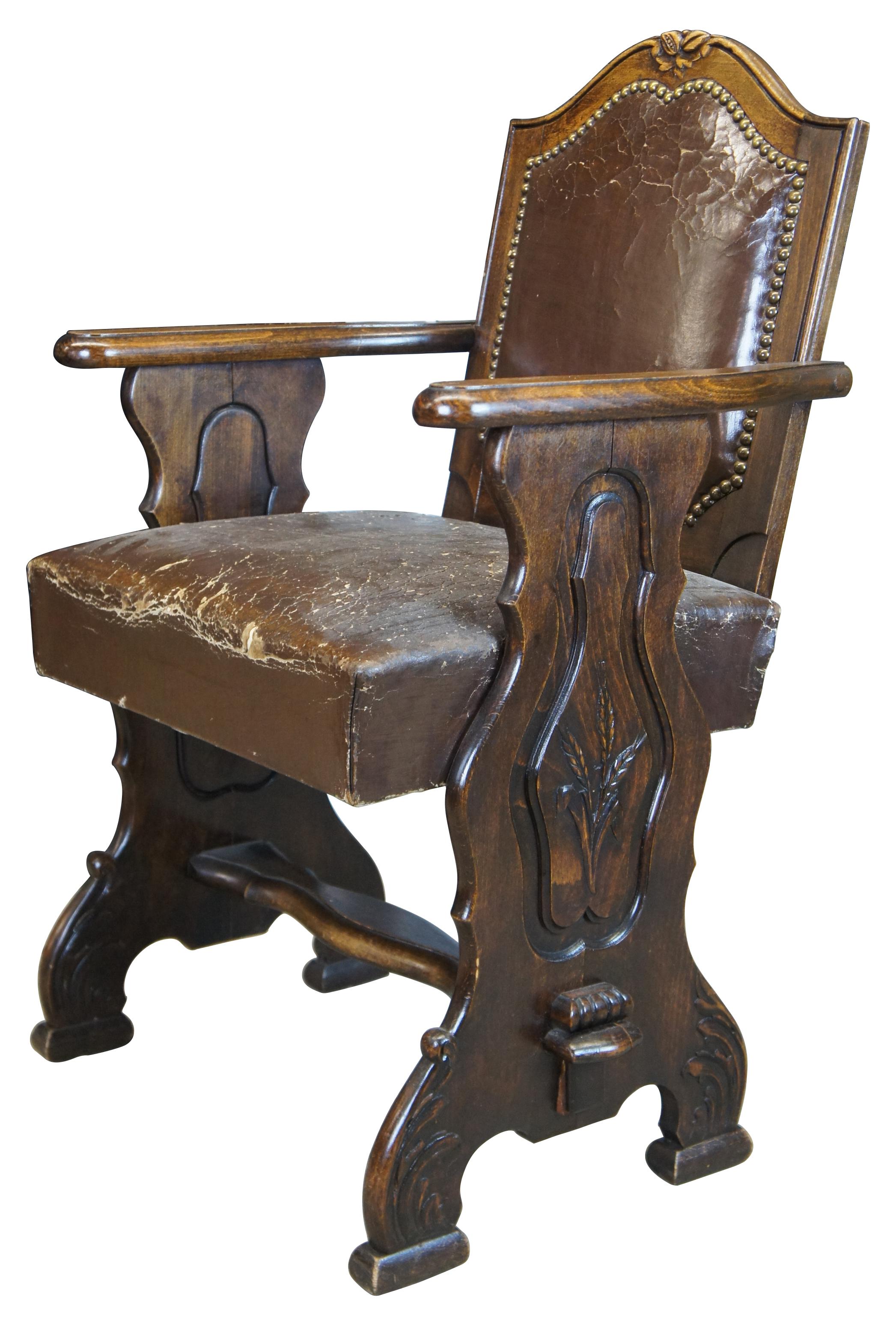 8 Antique Old World French Country Carved Oak Leather Dining Chairs Renaissance In Good Condition For Sale In Dayton, OH