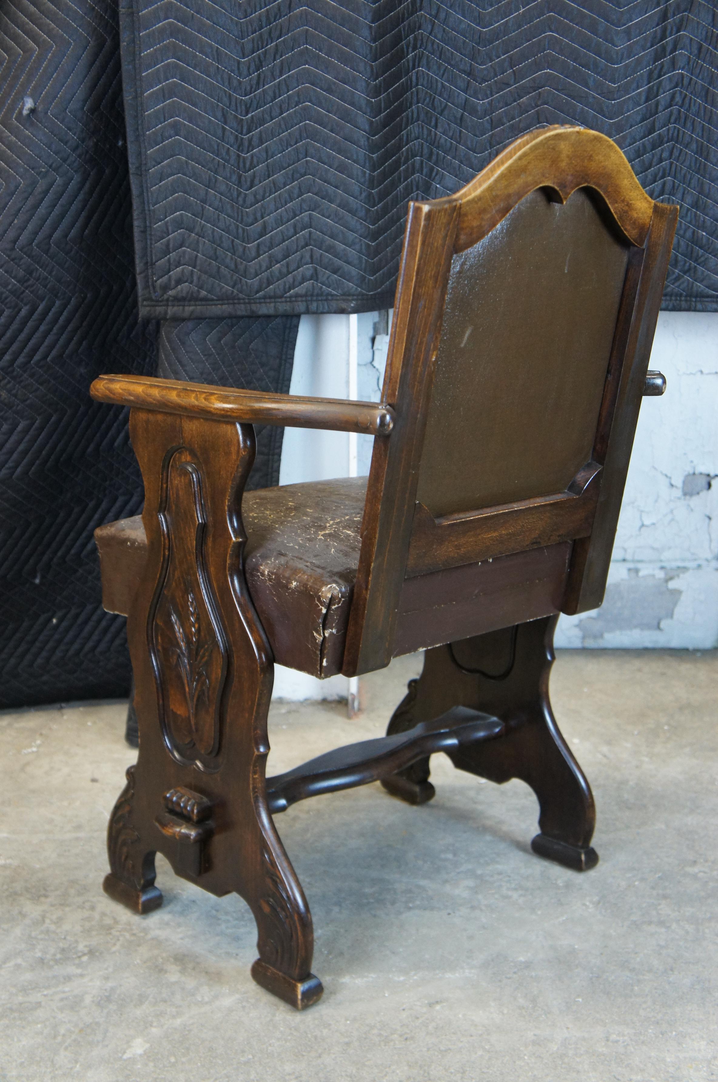 19th Century 8 Antique Old World French Country Carved Oak Leather Dining Chairs Renaissance For Sale