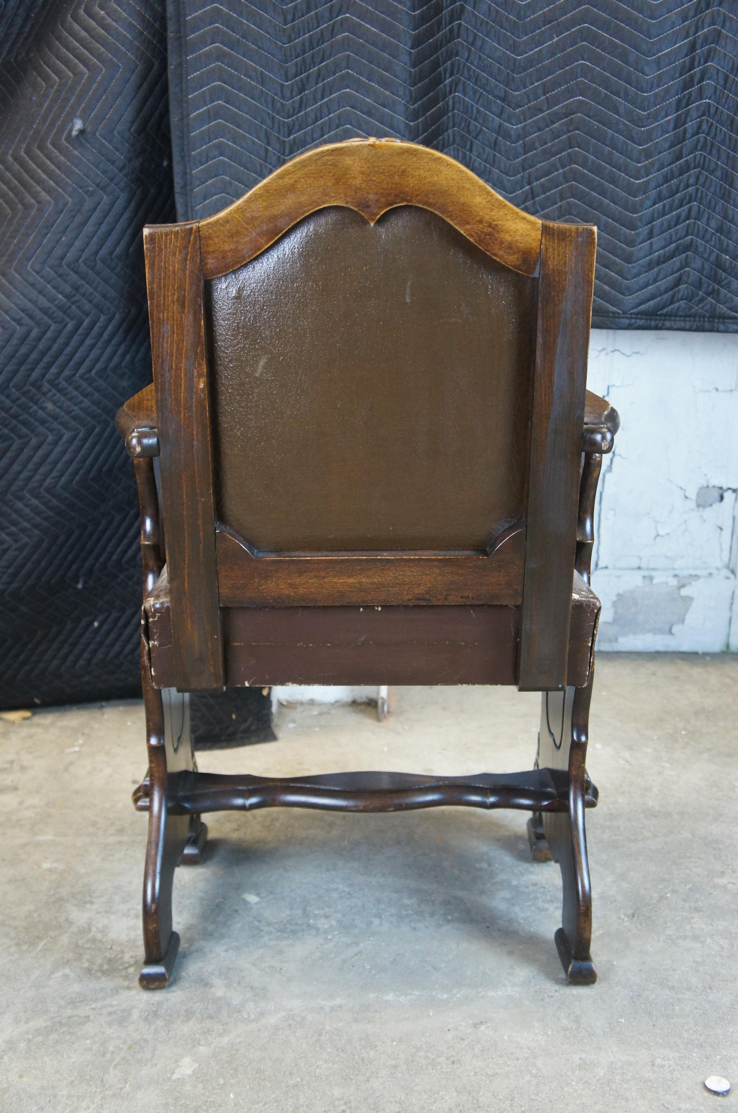 8 Antique Old World French Country Carved Oak Leather Dining Chairs Renaissance For Sale 1