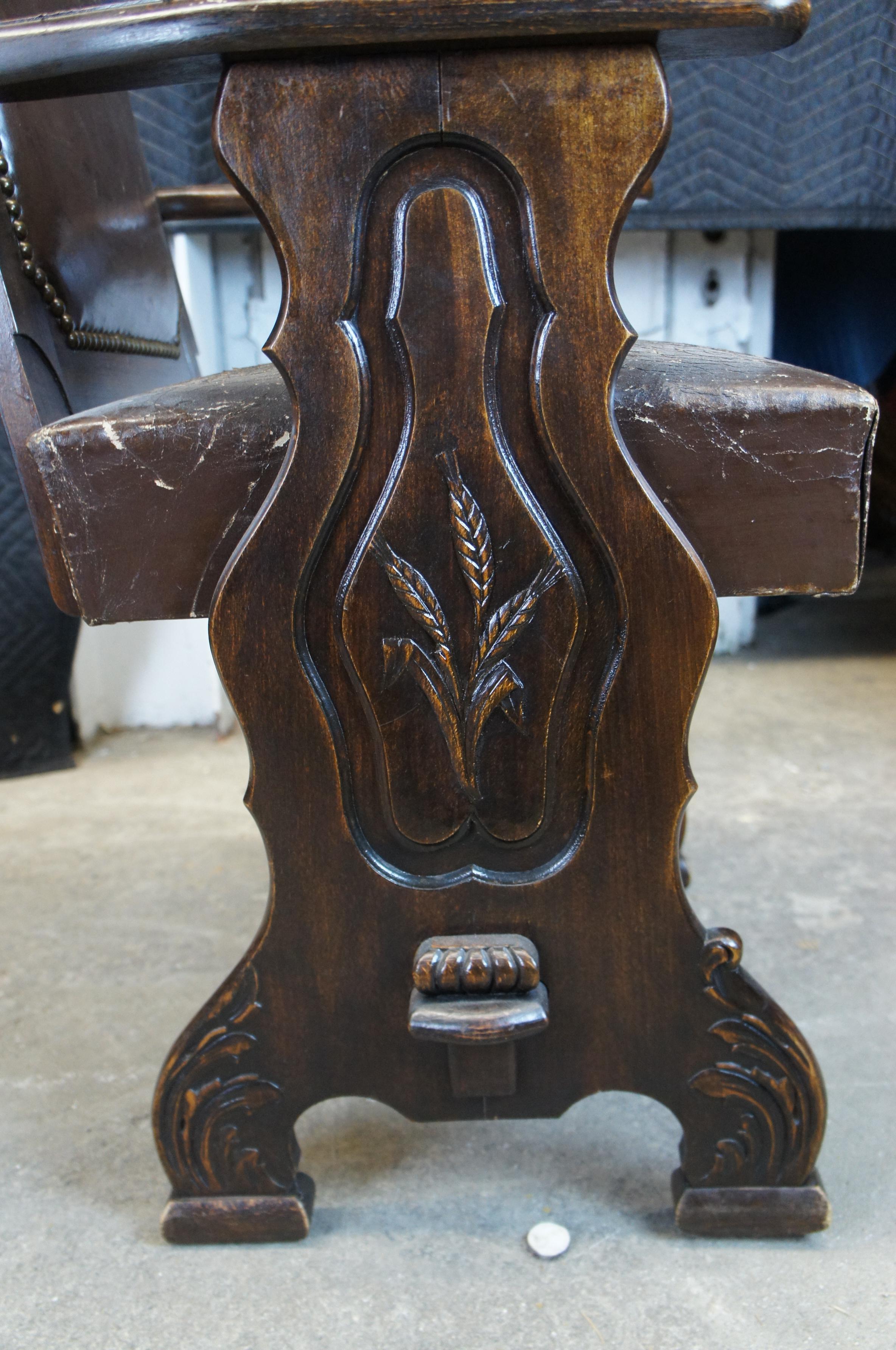 19th Century 8 Antique Old World French Country Carved Oak Leather Dining Chairs Renaissance For Sale
