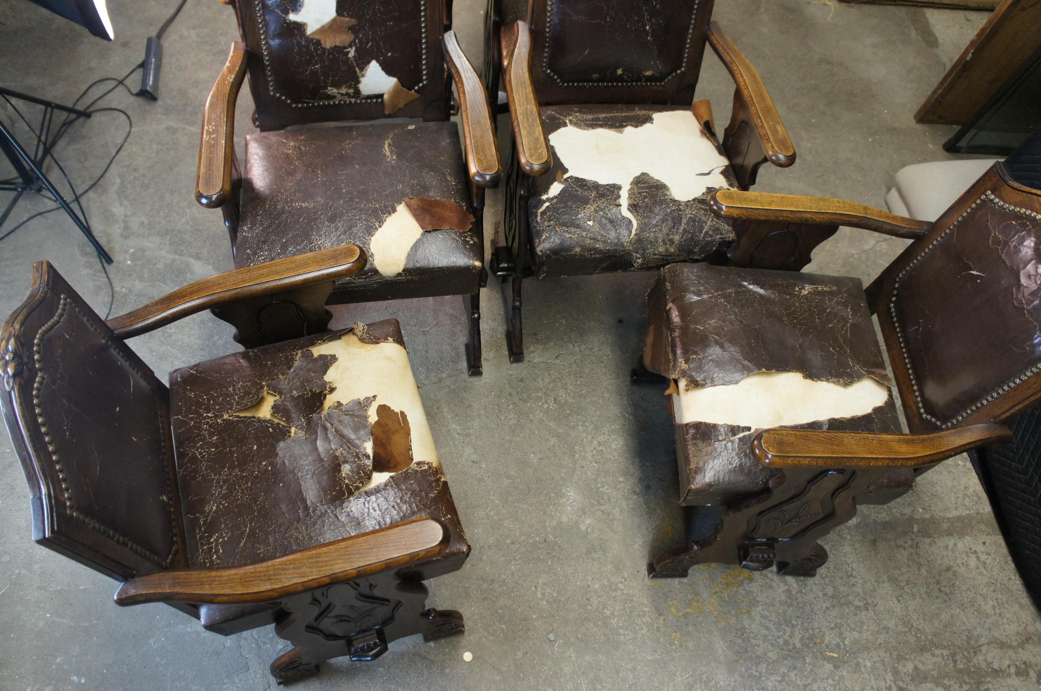 8 Antique Old World French Country Carved Oak Leather Dining Chairs Renaissance For Sale 5