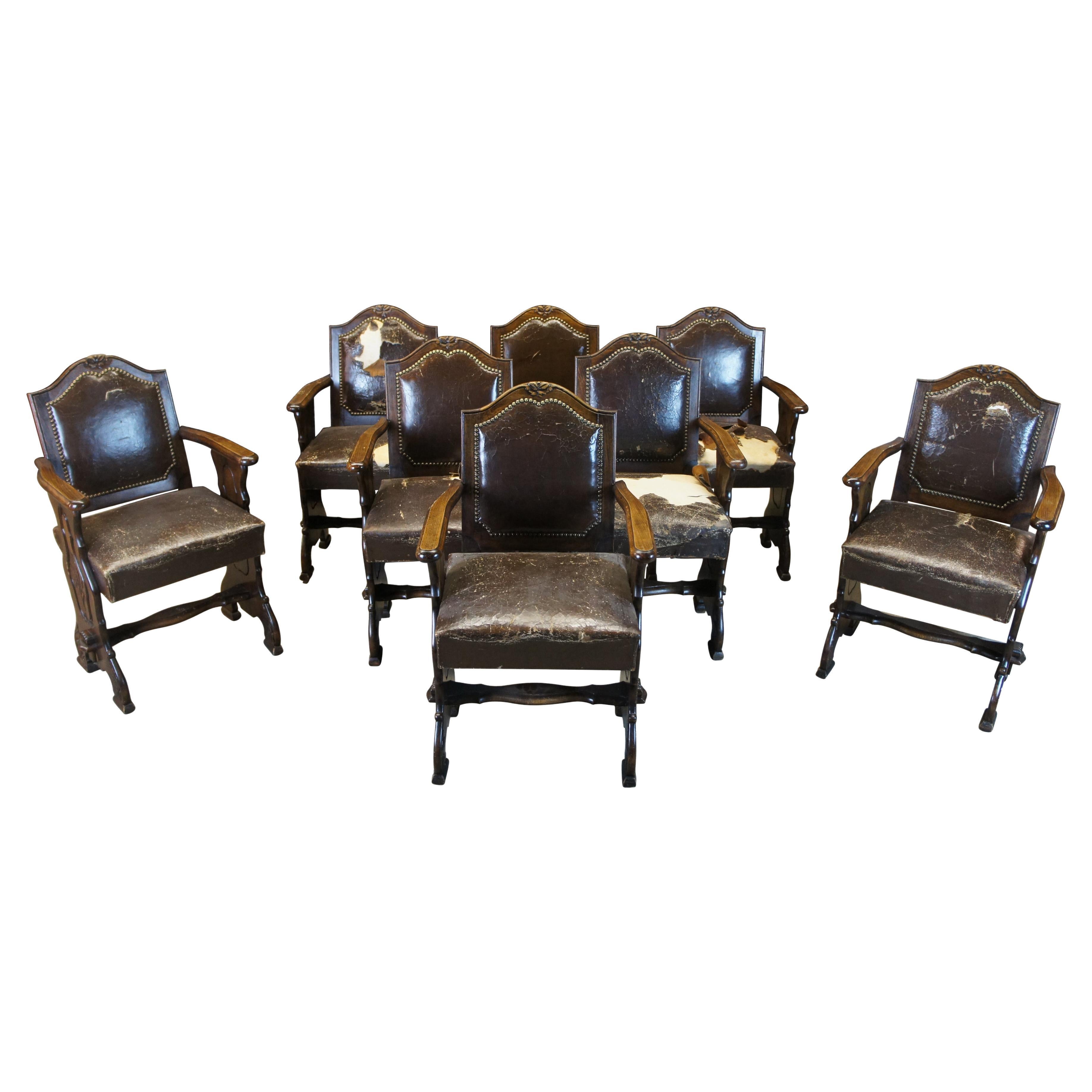 8 Antique Old World French Country Carved Oak Leather Dining Chairs Renaissance For Sale