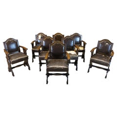 8 Antique Old World French Country Carved Oak Leather Dining Chairs Renaissance