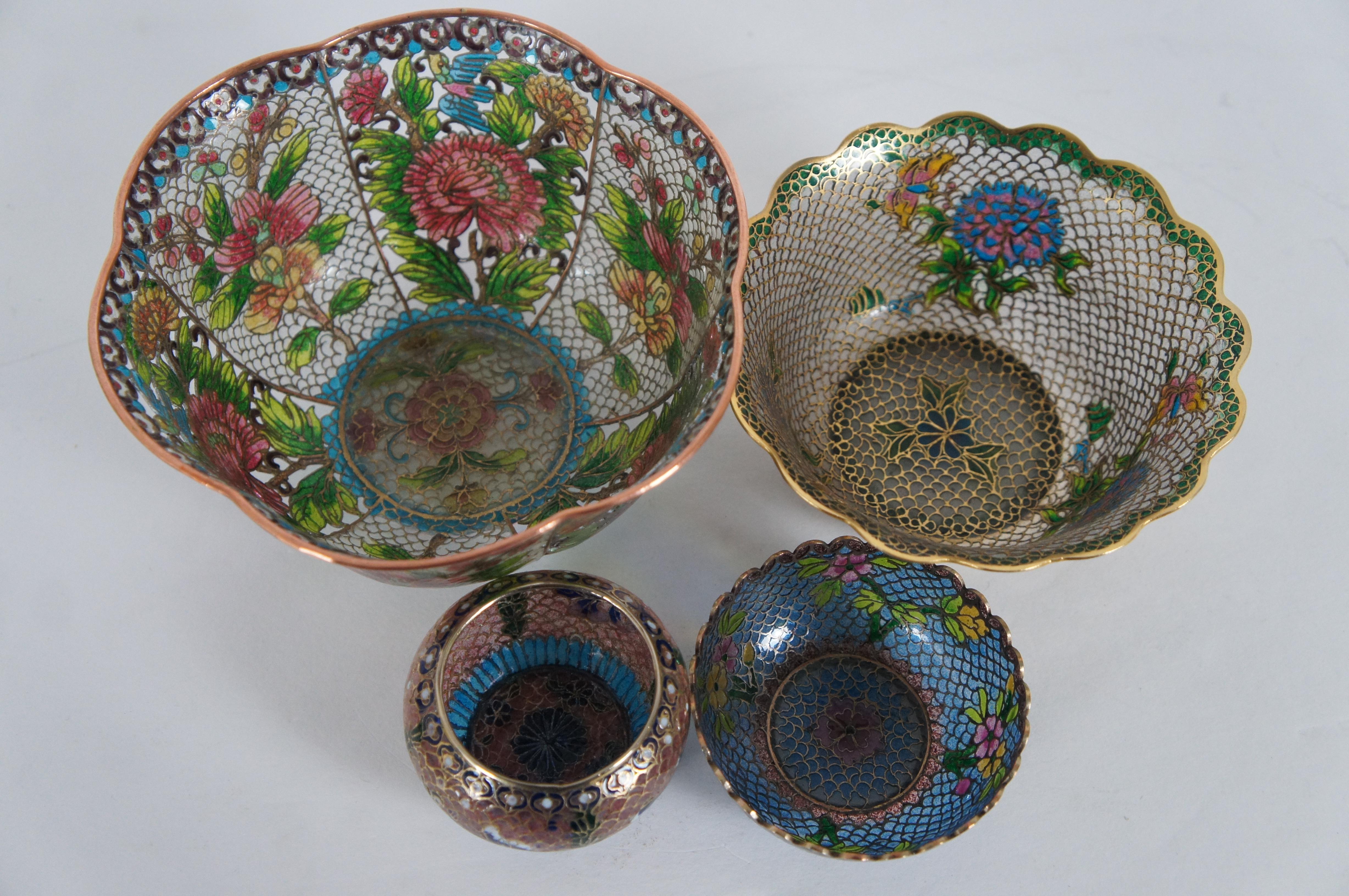 8 Antique Plique a Jour Enamel Trinket Boxes Dishes Bowls Floral Cloisonné For Sale 4