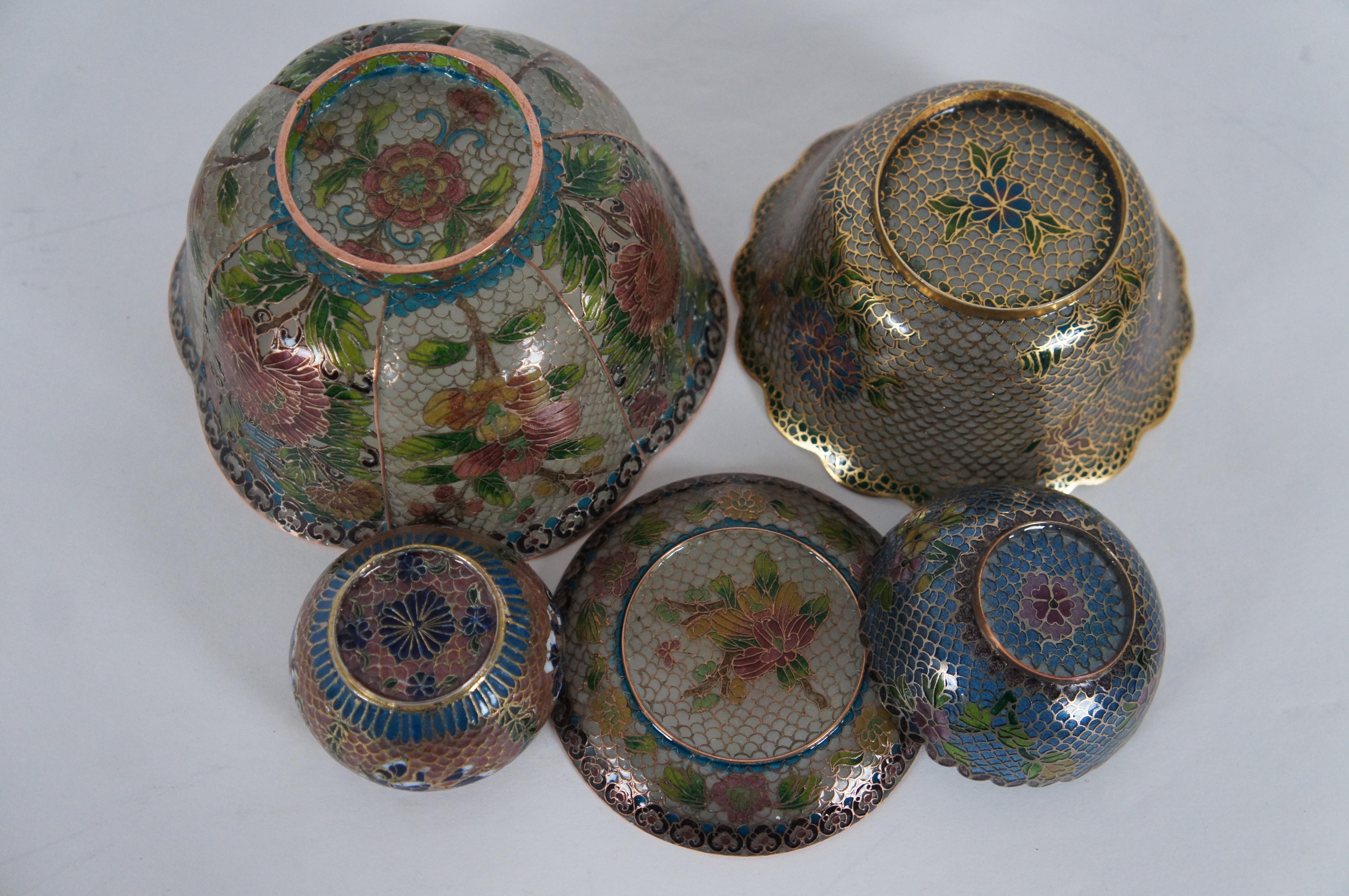 8 Antique Plique a Jour Enamel Trinket Boxes Dishes Bowls Floral Cloisonné For Sale 5