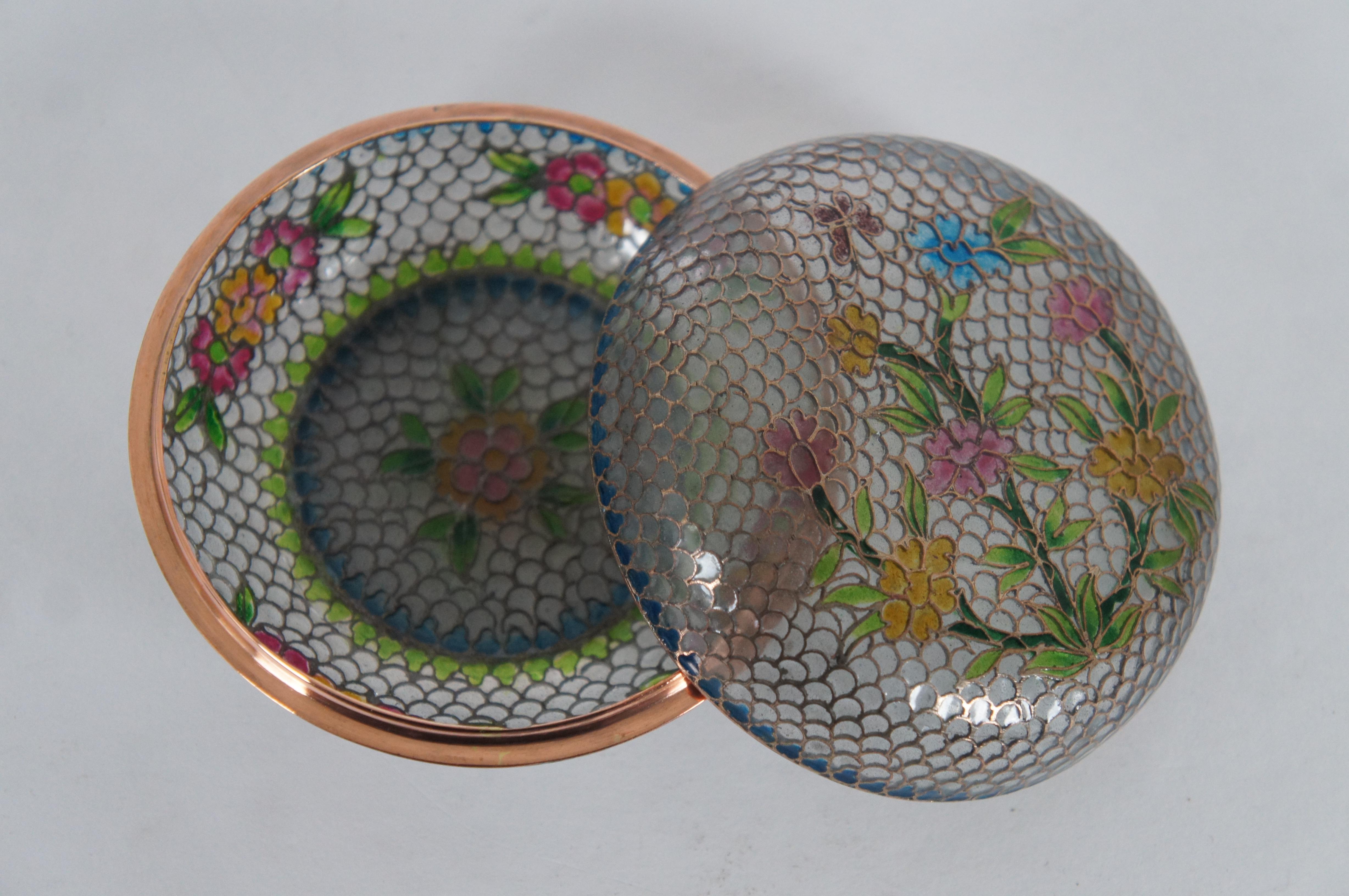 Metal 8 Antique Plique a Jour Enamel Trinket Boxes Dishes Bowls Floral Cloisonné For Sale