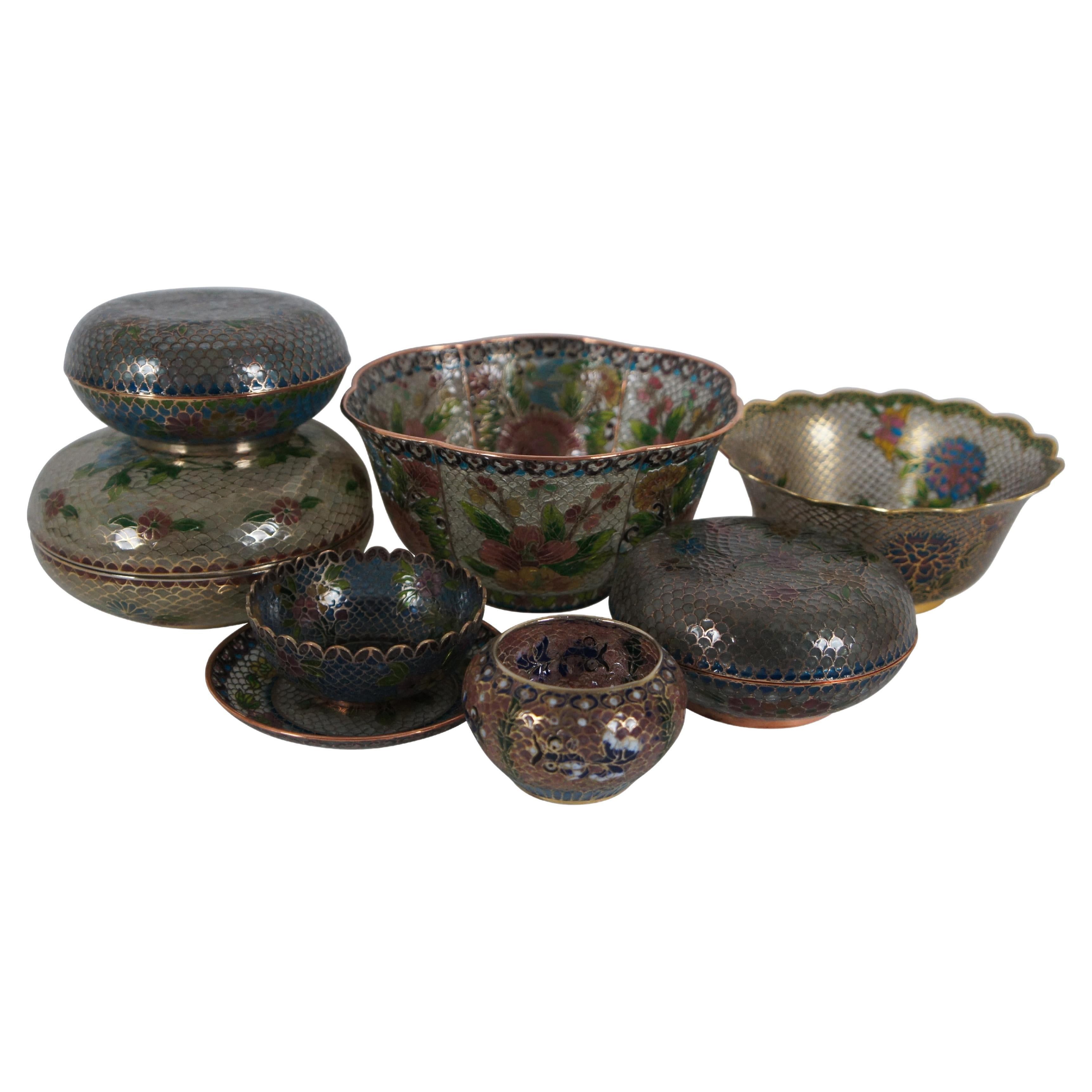 8 Antique Plique a Jour Enamel Trinket Boxes Dishes Bowls Floral Cloisonné For Sale