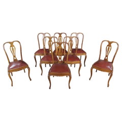 8 Antique Queen Anne Style Carved Walnut Splat Back Dining Chairs Vinyl Seat