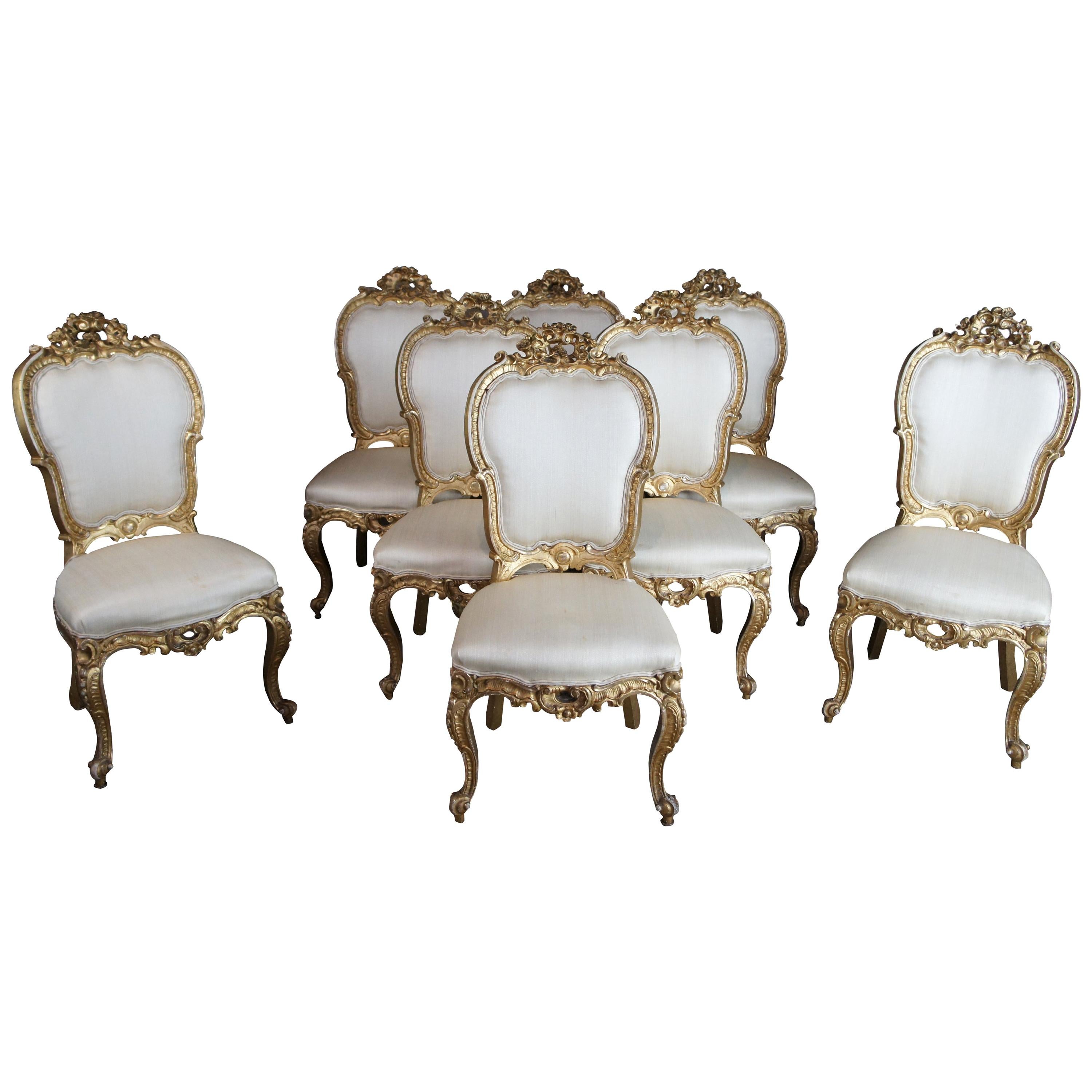 8 chaises de salle à manger suédoises anciennes baroques du 18ème siècle, style Louis XV rococo et dorées