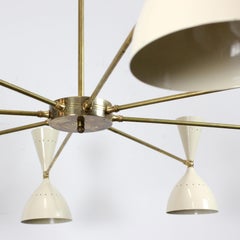 8-arm ceiling lamp, ivory enamel and gold brass, Italian Atr. Silvio Piattelli